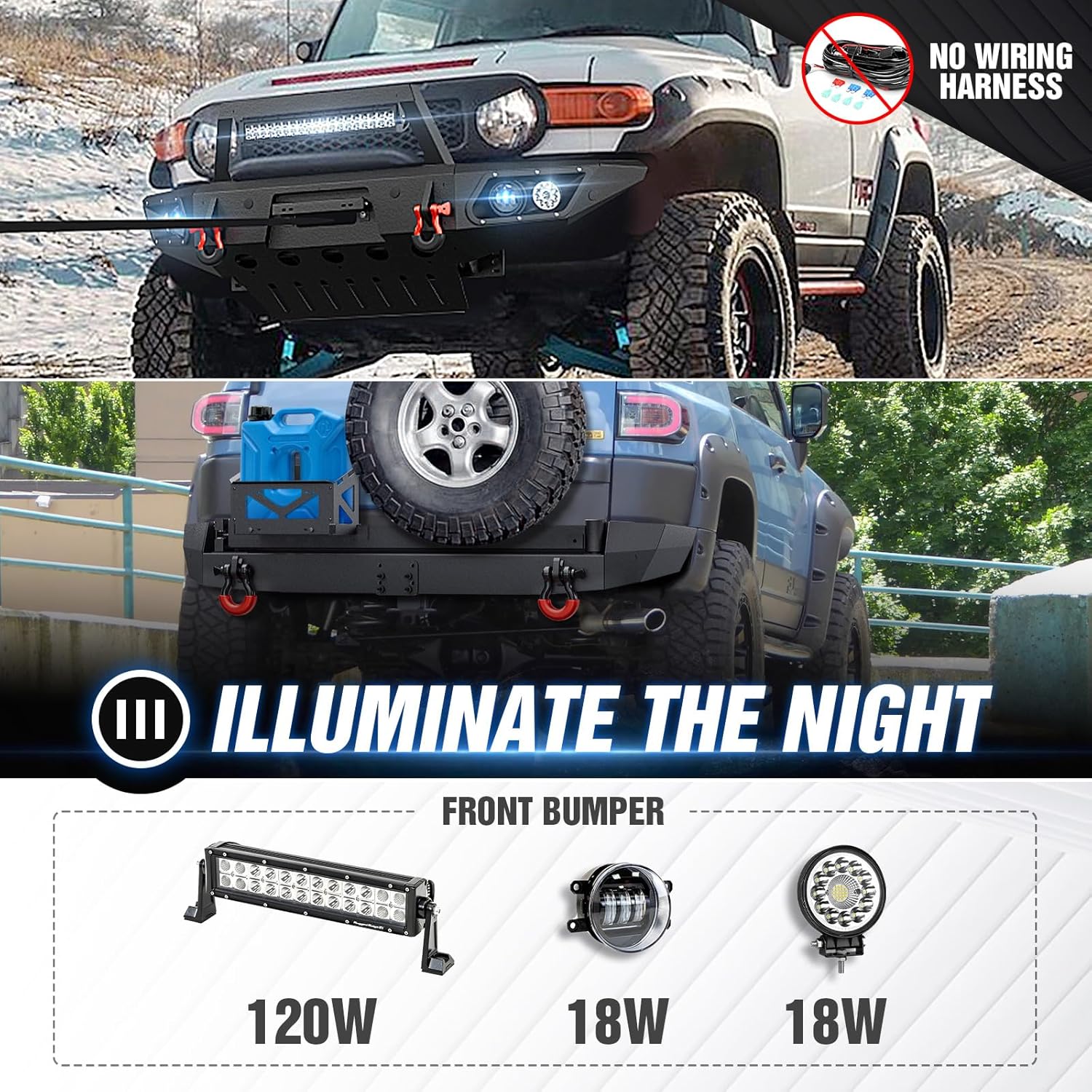 YZONA Front & Rear Bumper Compatible with 2007-2014 Toyota FJ Cruiser with Spare Tire Carrier, Oil Drum Rack, Winch Plate, Skid Plate, Sensor Holes, LED Lights, License Frame, Tow Hitch Plate, D-rings