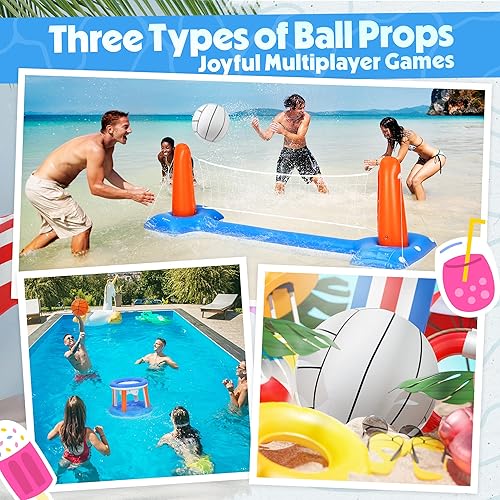Miniatura 7 de BELLOCHIDDO Juguetes de piscina  Juegos de baloncesto y voleibol para piscina, incluye red inflable de voleibol, aro de baloncesto flotante y fútbol