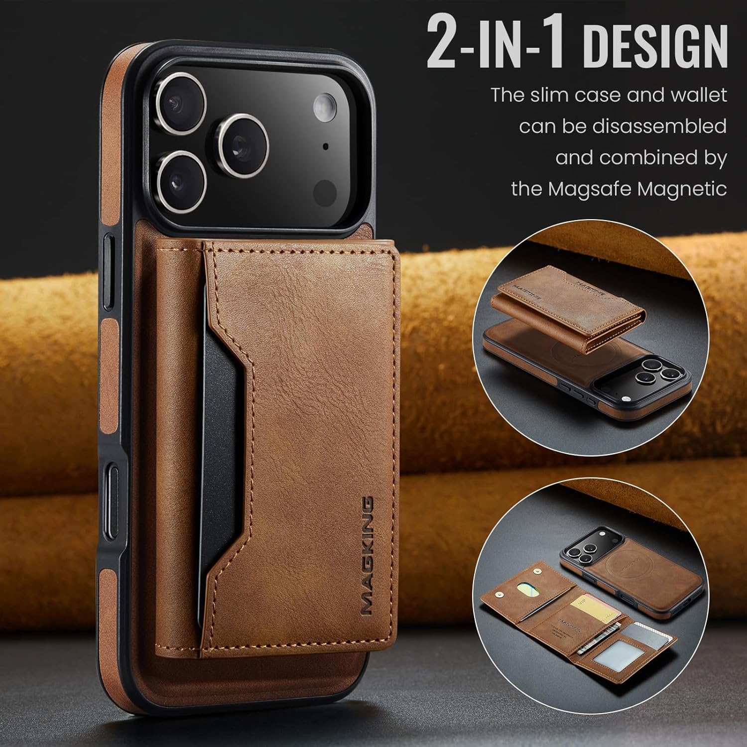 SZHAIYU K2 2 in 1 Detachable Magnetic Phone Cases Compatible with iPhone 17 Pro Max Case with Card Holder RFID Blocking, Compatible with Magsafe Wallet, Leather 6.9'' (Brown, iPhone 17 Pro Max)