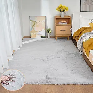 Washable Area Rugs 5x7 Rugs for Living Room Silver Grey Faux Rabbit Fur Rug for Bedroom Faux Sheepskin Rug Teen Room Home Décor