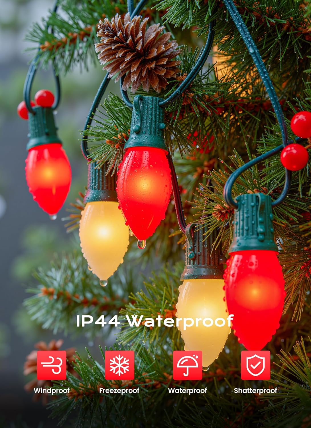 C9 LED Christmas Lights Outdoor, 50 FT 50 Red and Warm White Connectable C9 String Lights for Christmas Tree Patio Roofline Garden Backyard Holiday Party Indoor Outdoor Decoration, Green Wire