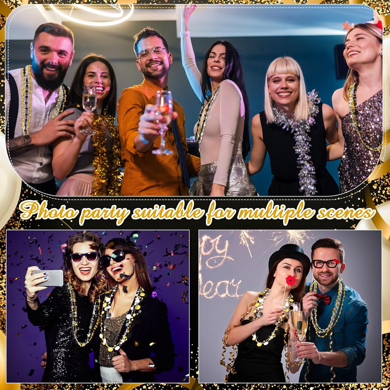 Landical 100 Pcs Happy New Year Bead Necklaces Black Gold Silver Assorted New Year Eve Star Bead Necklaces Party Favors for 2026 Decorations