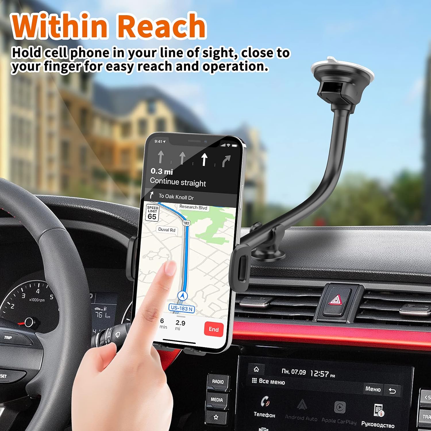 Solid Car Truck Phone Mount Holder with 14-Inch Gooseneck Long Arm, 1Zero Windshield Window Mobile Holders w/ Industrial-Strength Suction Cup, Anti-Shake Stabilizer Compatible All Cell Phones iPhone : Cell Phones & Accessories