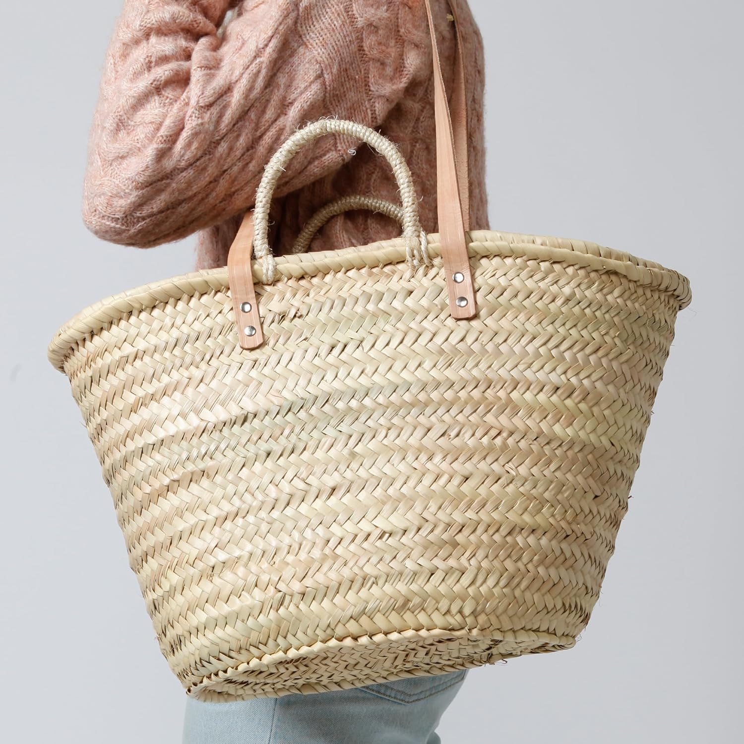 Solart Liz Xtra Large Basket Bag – 100% Organic & Handmade in Barcelona, Spain | Eco-Friendly Tote Bag with Cream Leather Straps | Stylish Handbag for Women, Perfect for Travel, Shopping, and Picnics - Image 2