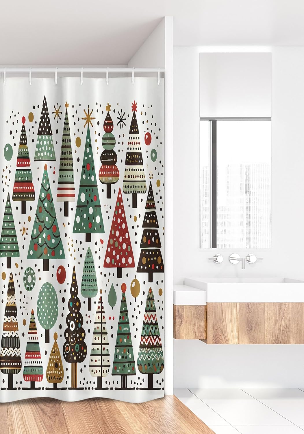 Ambesonne Christmas Stall Shower Curtain, Simple Starry Woodland Pine Trees Pattern with Dots and Triangles, Fabric Bathroom Decor Set with Hooks, 36" W x 72" L, Jade Green White Paprika