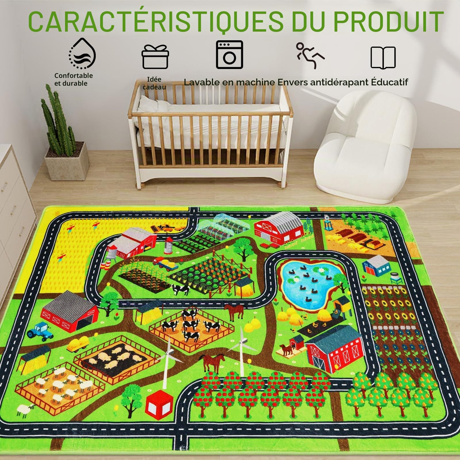 Tapis de voiture pour enfants, 200 x 150 cm, pour voitures jouet, maison de ferme, transport routier pour salle de jeux, tapis de rue pour enfants, carte de village, tapis de jeu pour