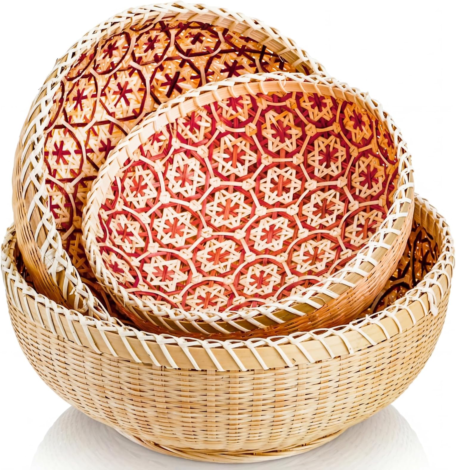 Elsjoy Set of 3 Round Wicker Fruit Baskets, Kitchen Wicker Woven Bread Basket Stackable Rattan Serving Basket Set for Home Decor