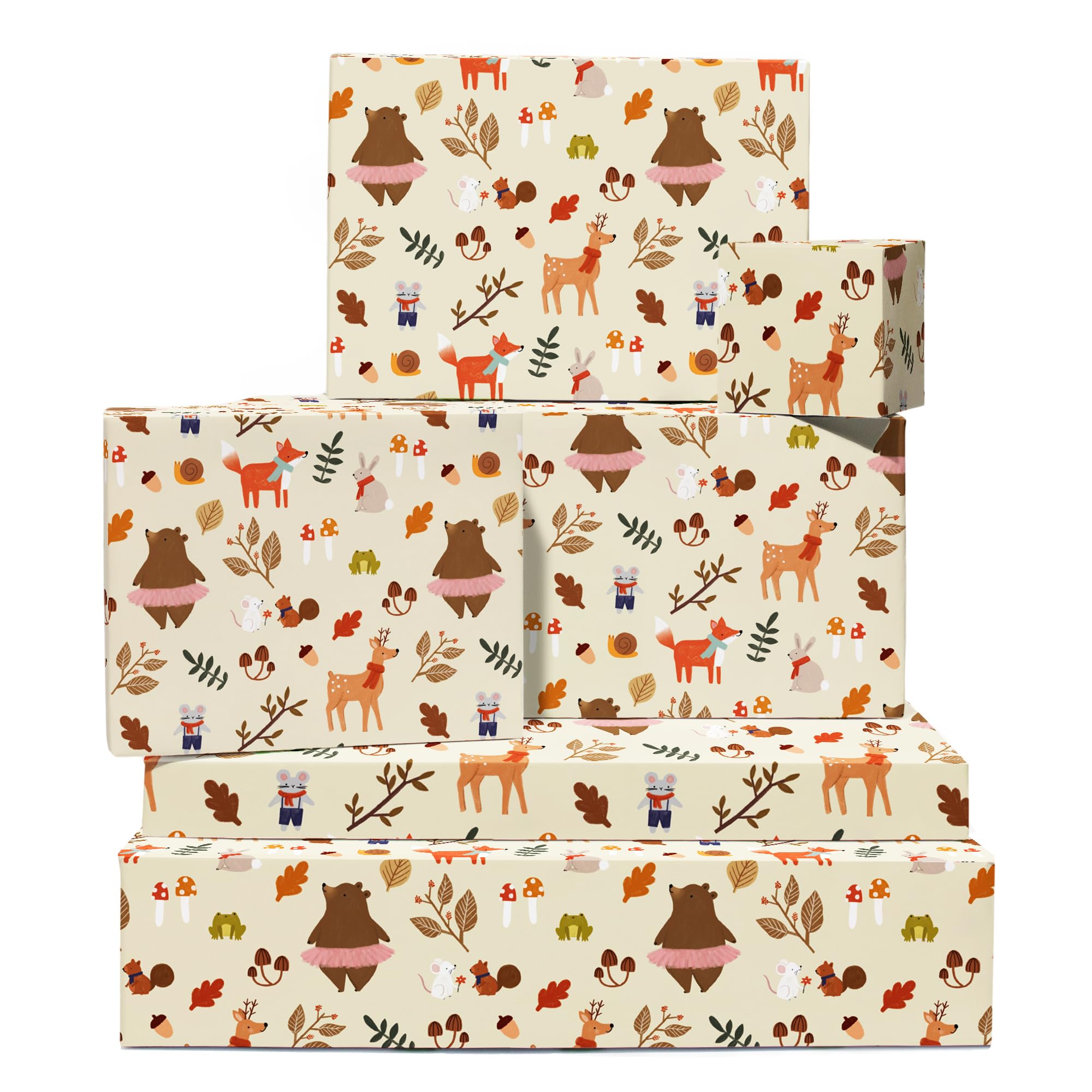 Cosy Woodland Wrapping Paper - 6 Sheets Of Brown Gift Wrap - Bear Deer Rabbit Fox Squirrel Frog - Autumn - For Men Women - Comes With Stickers - By Central 23