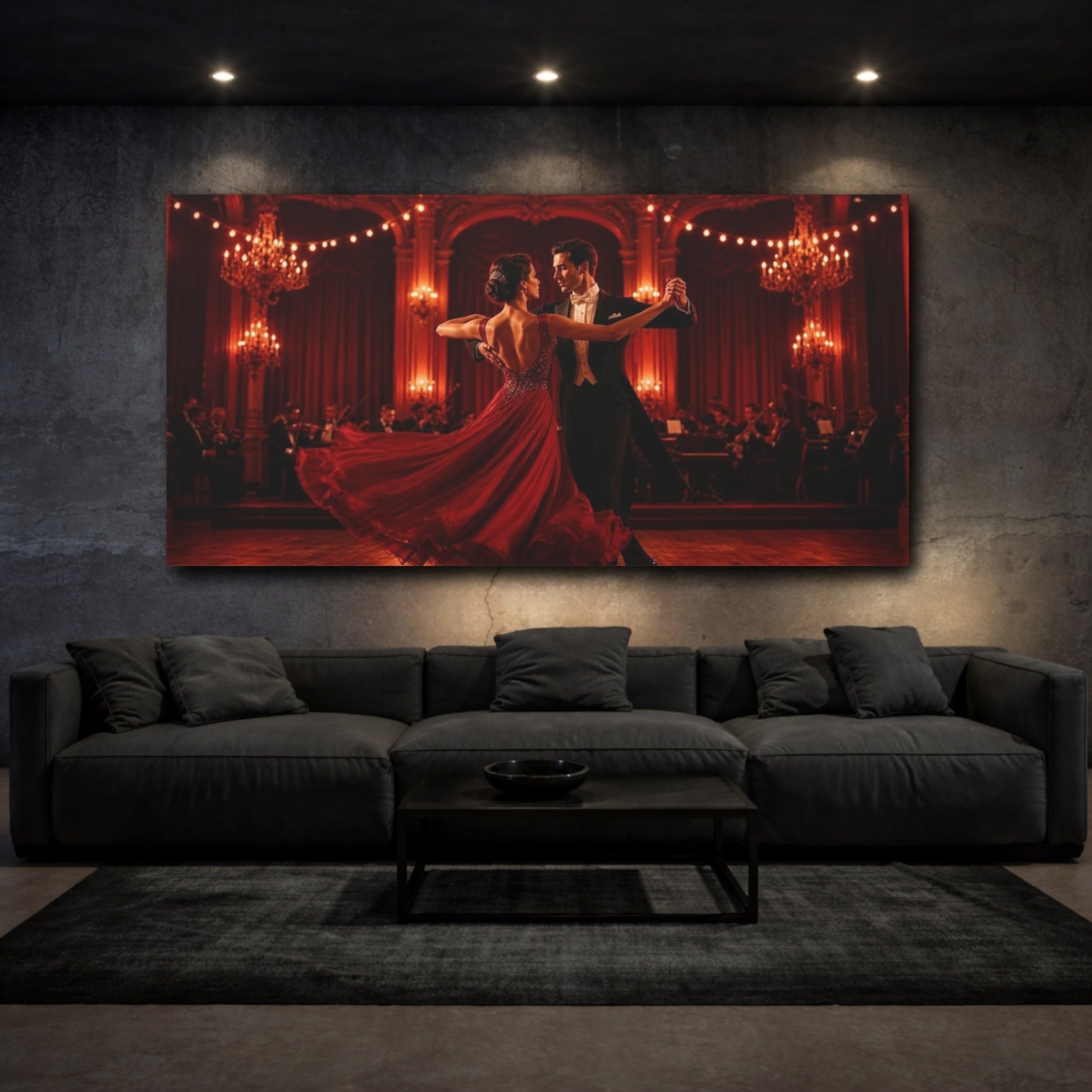 Crimson Ballroom Waltz Canvas Print – Living Room, Above Console Table 40×20 inch (100×50 cm) - Horizontal / 1.25 inch (3 cm)