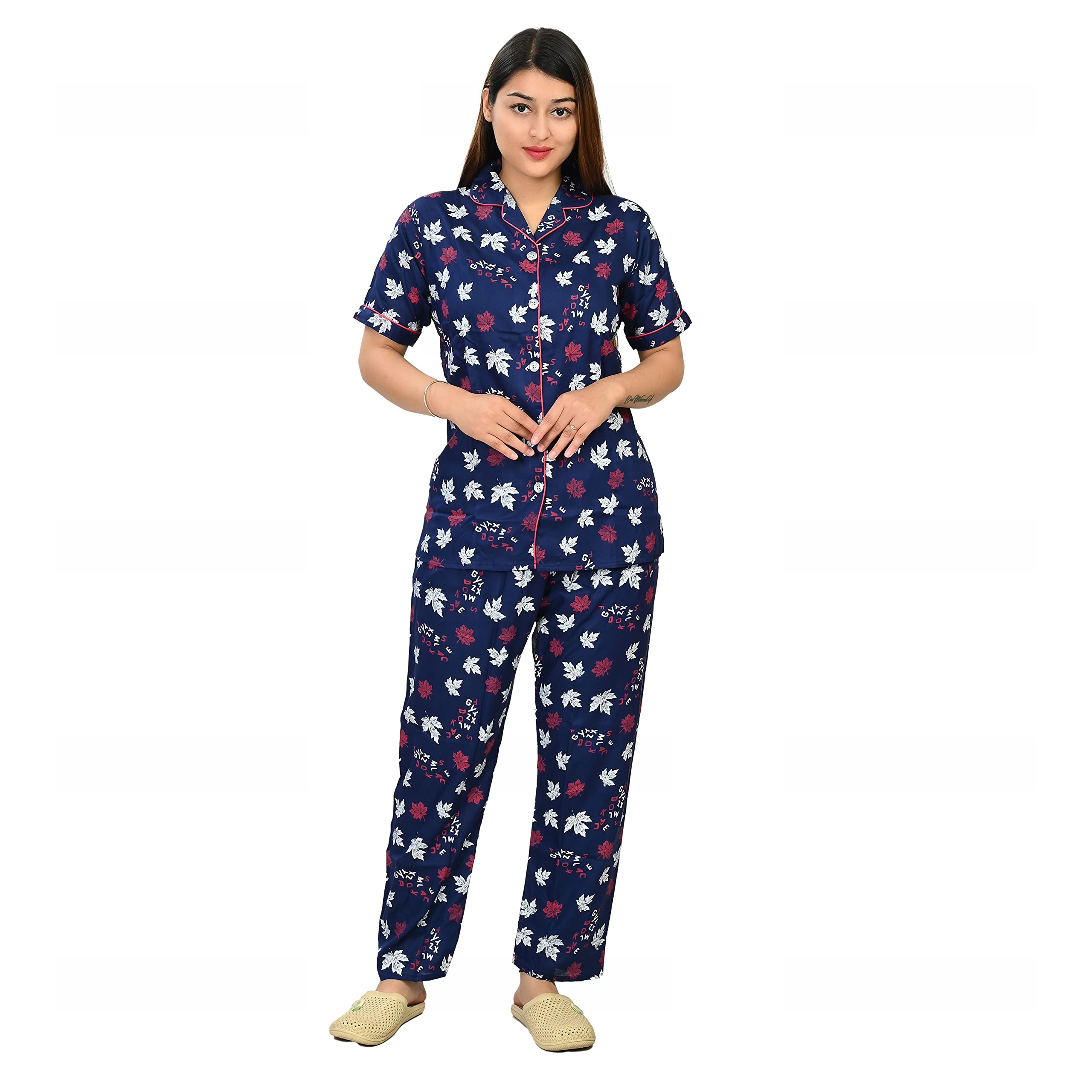 Kripto KatroxWomen's Rayon All Over Printed Night Suit, 1Printed_Leaf_Navy, 42