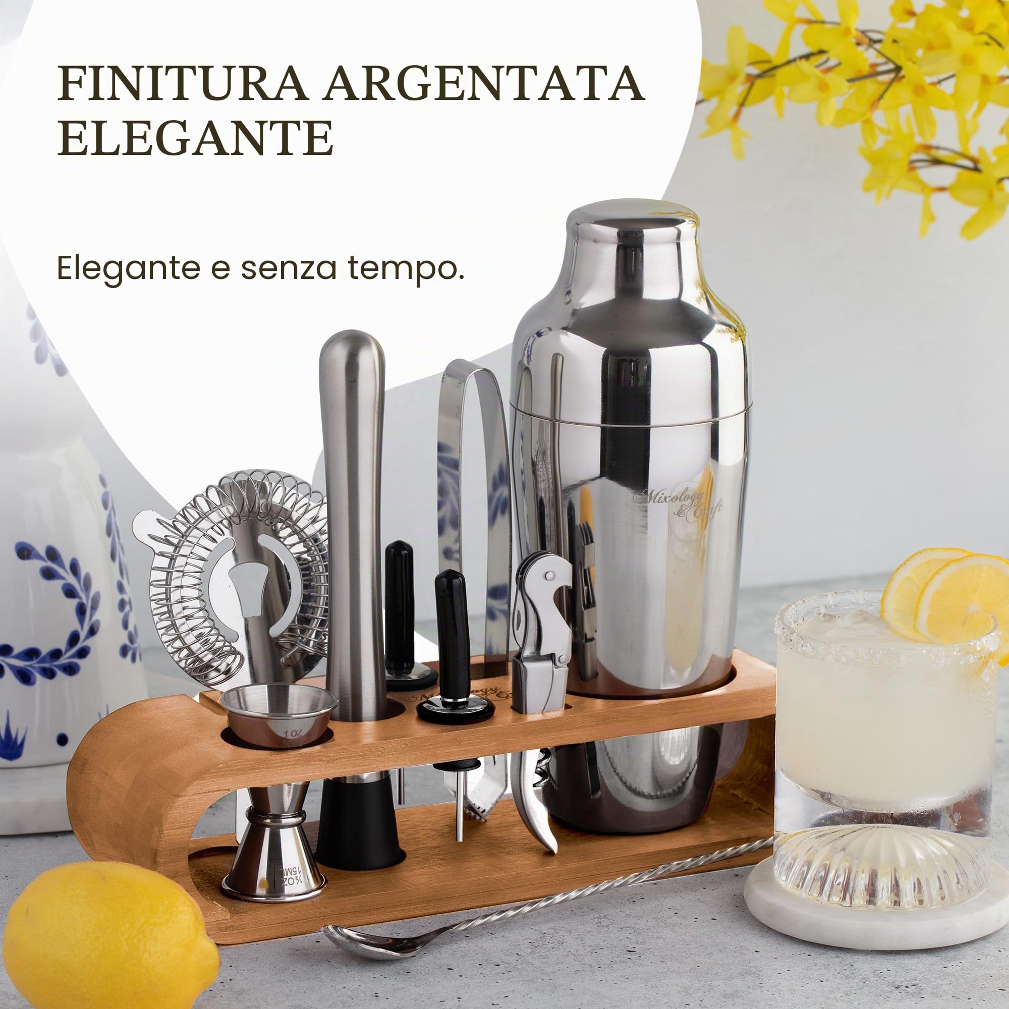 Mixology - Set shaker per cocktail, 10 pezzi, kit per la preparazione di cocktail, kit da barista in bambù con cucchiaio, shaker Boston, altri strumenti per mescolare bevande, Martini, Mocktail - Set