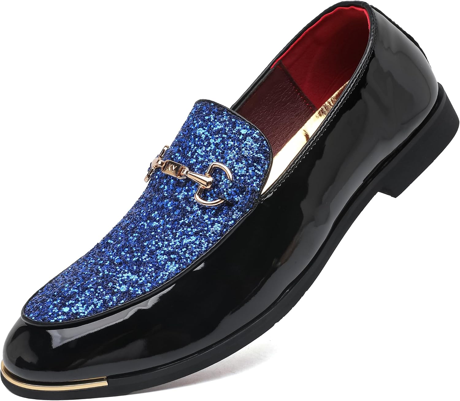 LCQL Luxury Sequin Patent Loafers Gold Buckle Oxford Style Business Party Shoes