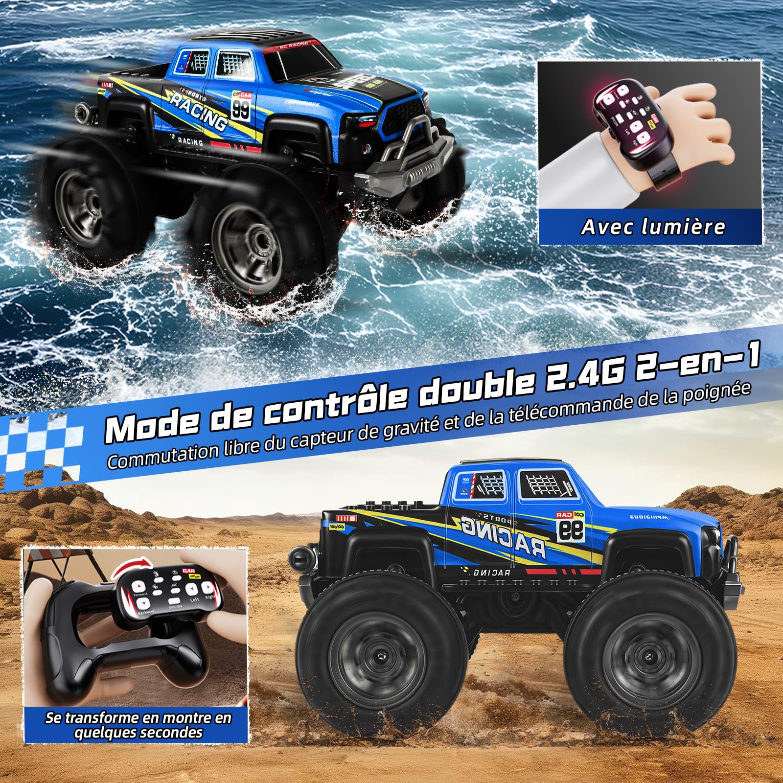 Charmofun Voiture Télécommandée Tout Terrain Amphibie, 4WD Voiture Stunt Tout-Terrain avec Lumières LED et 2 Batteries, 2,4 GHz Monster Truck Télécommandé Cadeau pour Enfant 6-12 Ans