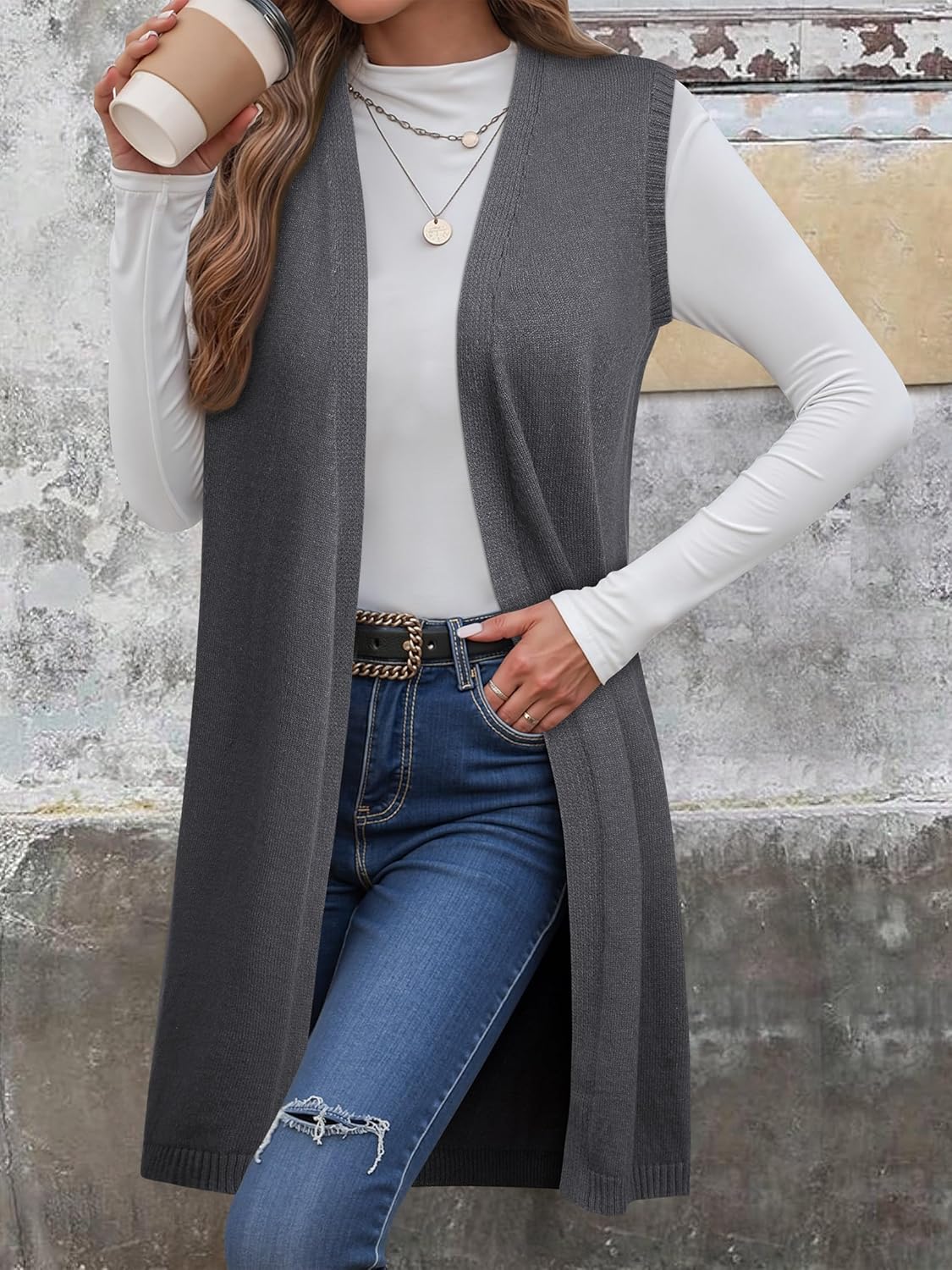 ZXZY Long Vest for Women Sleeveless Knit Cardigan Open Front Draped Sweater Duster Casual Lightweight Outwear Vests