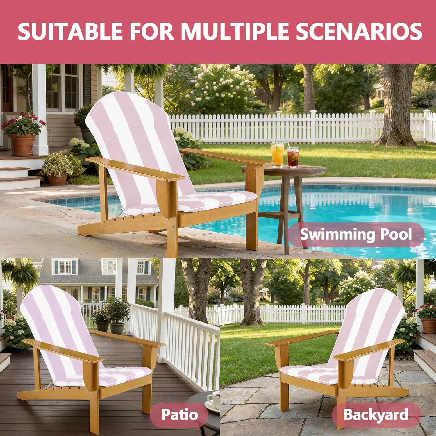 Goodgoods 20 x 50 Adirondack Chair Cushions Set of 2, 1000+Hours Fade-Resistant & Water-Resistant Outdoor Furniture Chair Cushions with 30D High-Resilience Foam for Patio, Pink and White Stripes