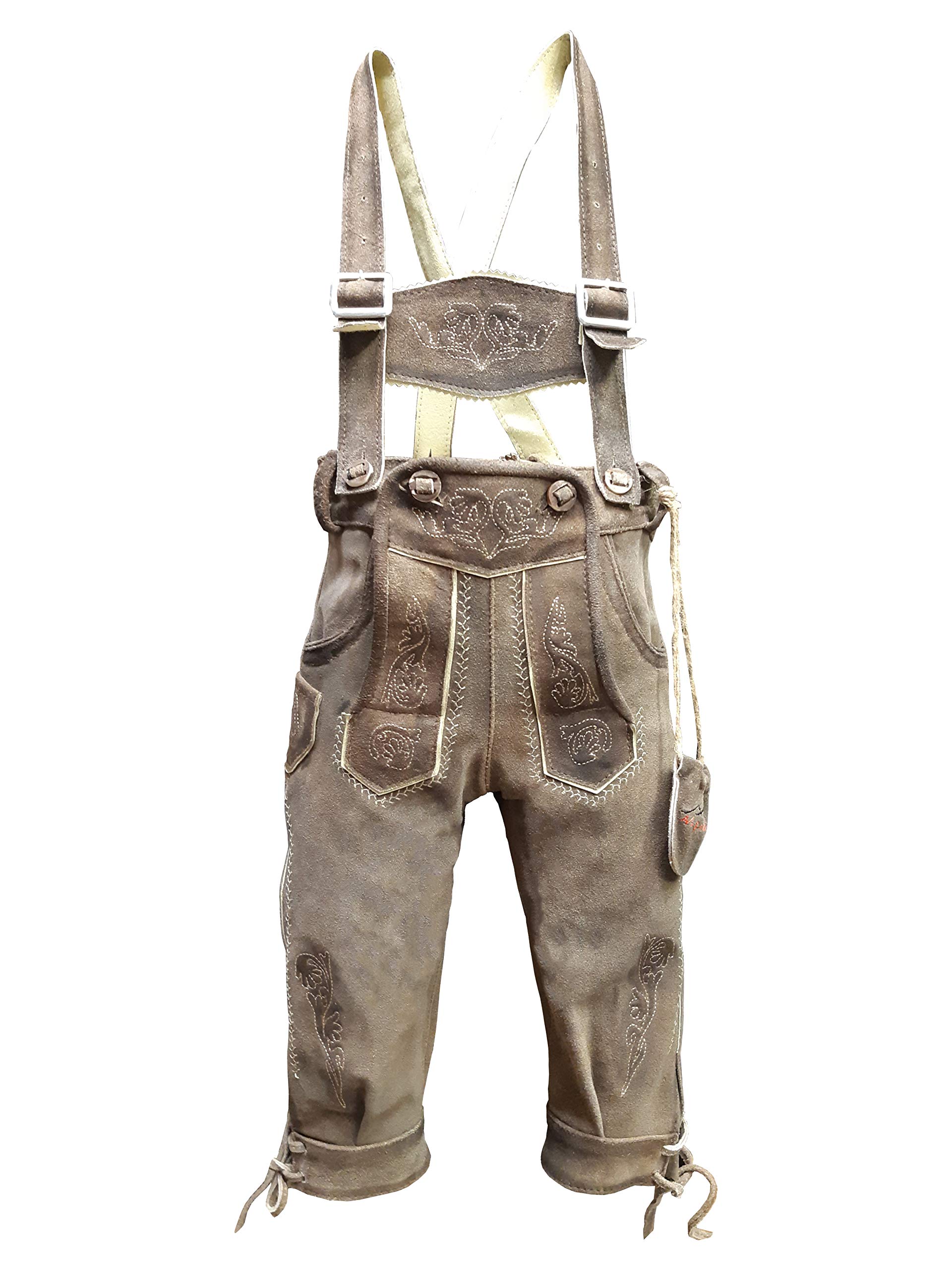 Kinder Trachten Lederhose, Kniebund mit Träger, Echtes Leder, Weiches Veloursleder, Braun, Sandro Kniebund