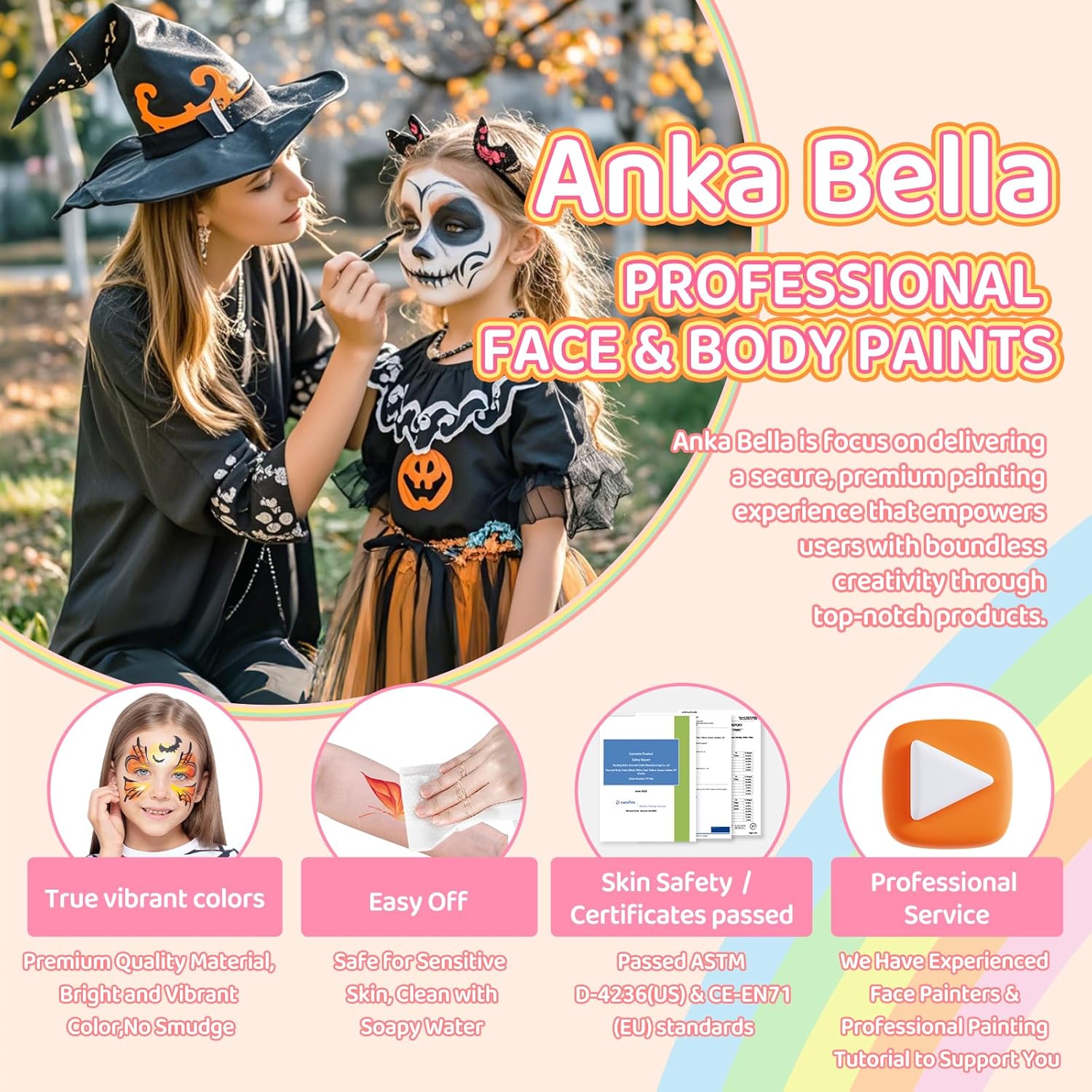 Anka Bella Professional face painting kit for kids，Hypoallergenic & Non-Toxic water based face paint include 26 split cake/1 rainbow cake,Gift for Birthday Parties/Halloween/Carnival - Image 8