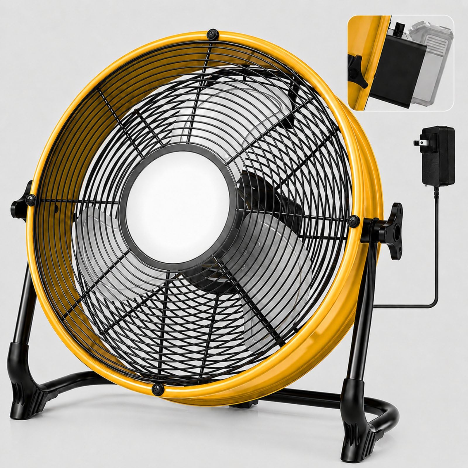 T-SUN Kabelloser Ventilator, 40,6 cm, kompatibel mit Dewalt 18 V/20 V Akku, USB-Bodenventilator, batteriebetrieben, Campingventilator mit LED-Licht, USB-Typ-C-Anschluss, stufenlose Geschwindigkeiten