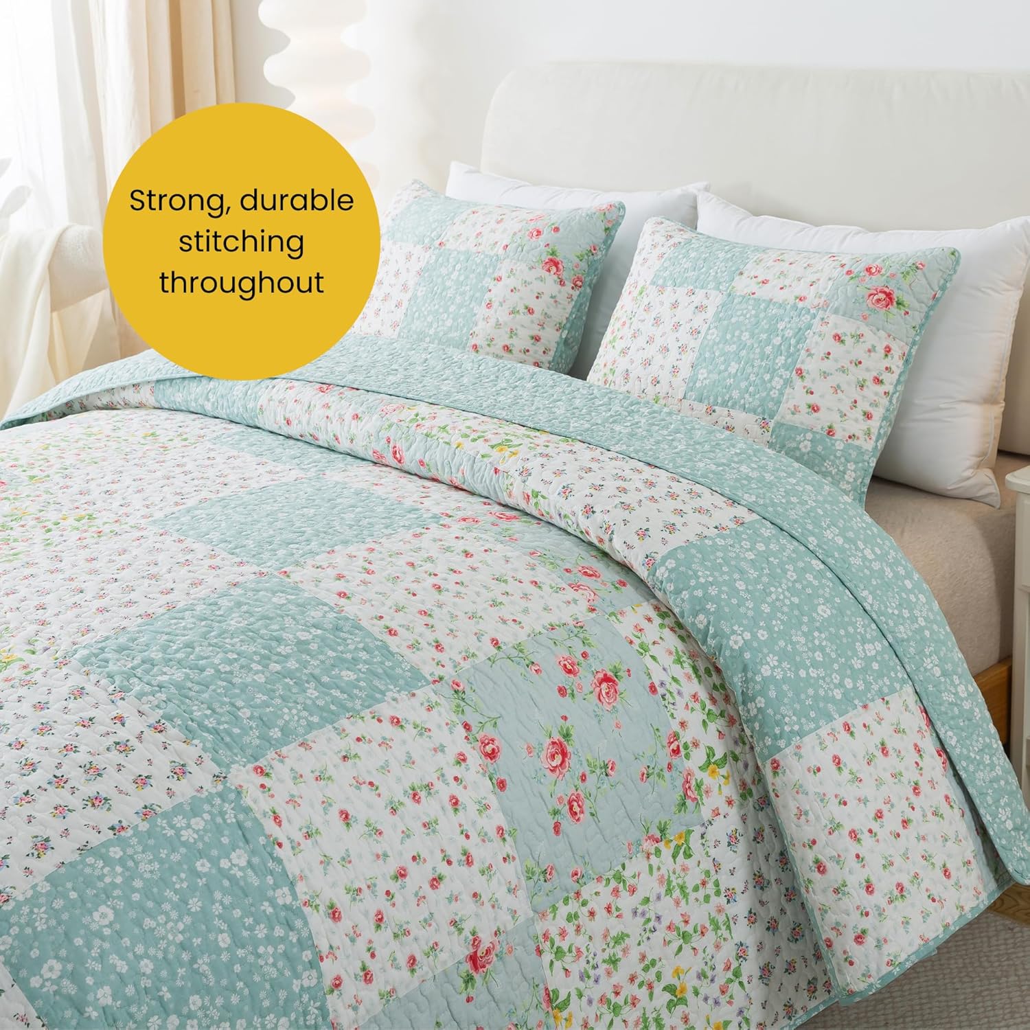 Soul & Lane Whispering Flowers Cotton Quilt Set - Twin Size with 1 Sham, White and Blue Pieced Patchwork Design, Country Floral Quilted Comforter, Lightweight Summer Farmhouse Bedding - Image 4