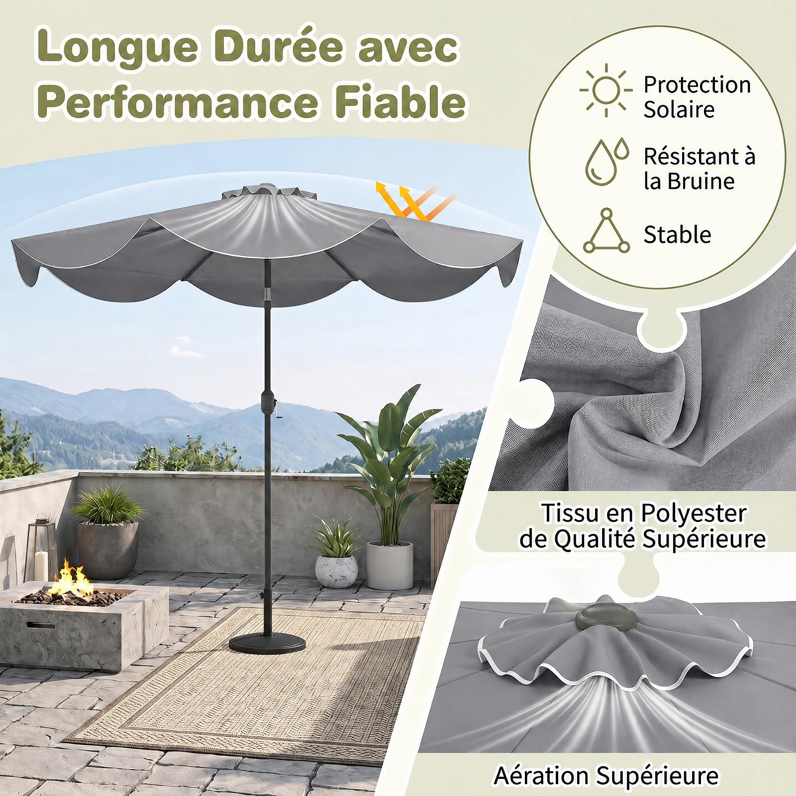 RELAX4LIFE 2,7M Parasol Inclinable à Volants pour Terrasse Balcon Piscine, Parasol de Jardin Extérieur à 8 Baleines, Protection UV, Polyester Résistant, Manivelle, Loquet de Sécurité, Attache (Gris)