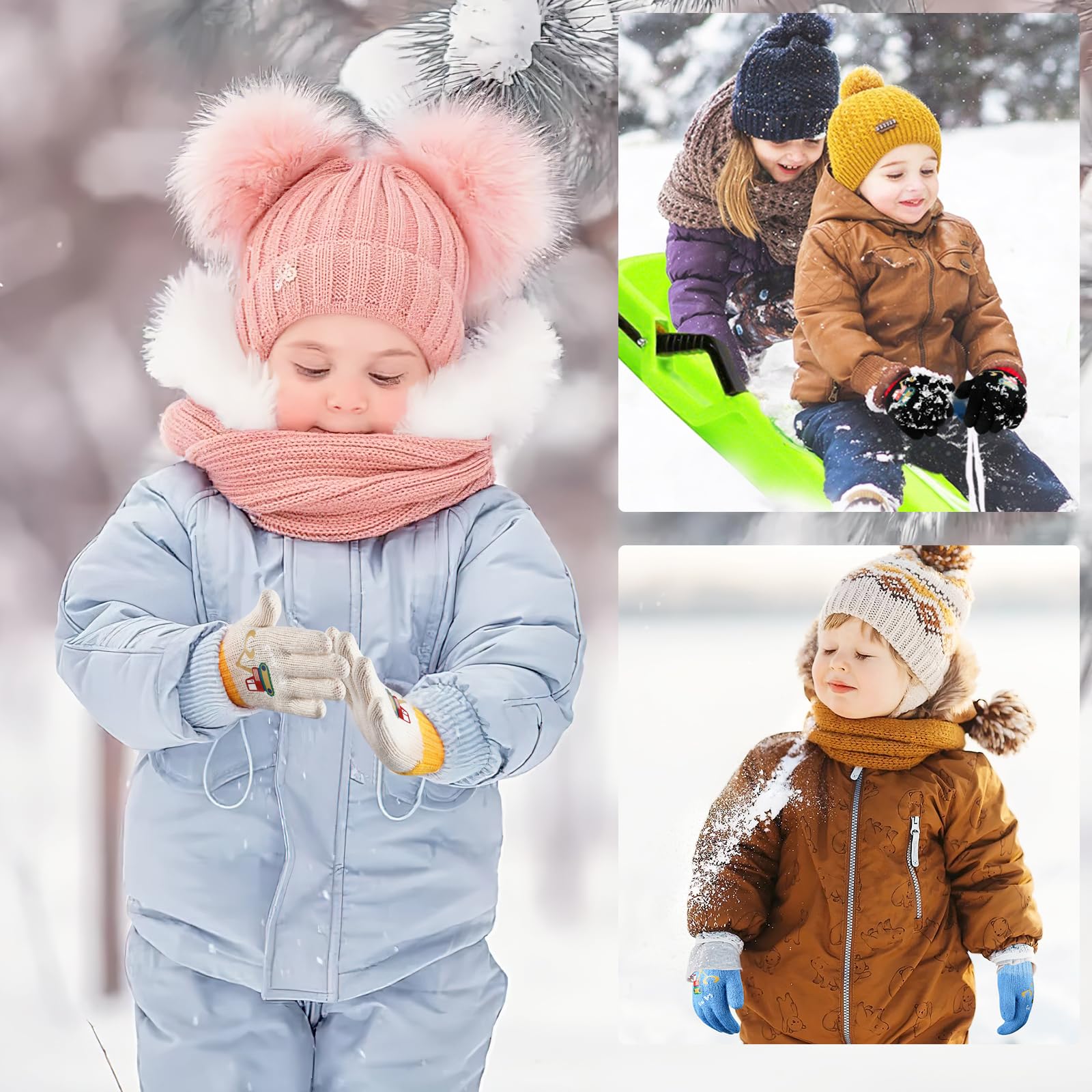 QKURT 6 Pares de Guantes de Punto para Niños Pequeños, Guantes de Invierno a Prueba de frío, Guantes Elásticos de Dedo Completo Unisex con Patrón de Excavadora para Niños de 2 a 4 Años