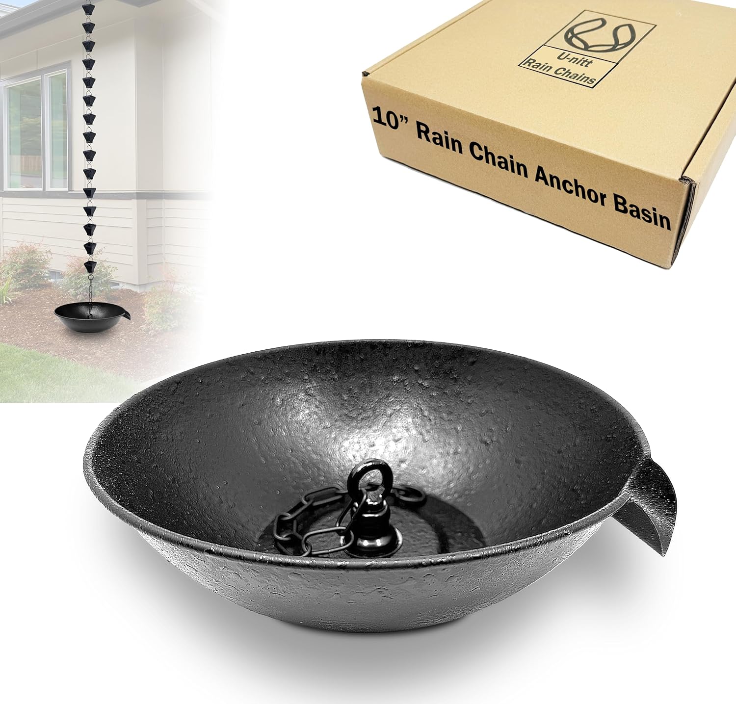 10" Spill Bowl Catch Basin for Rain Chain Anchoring & Stake | Rainwater Collection for Roof Gutter Downspout | Good For Water Fountain & Birdbath | Black | Works with Rainchain | Handles Heavy Rain