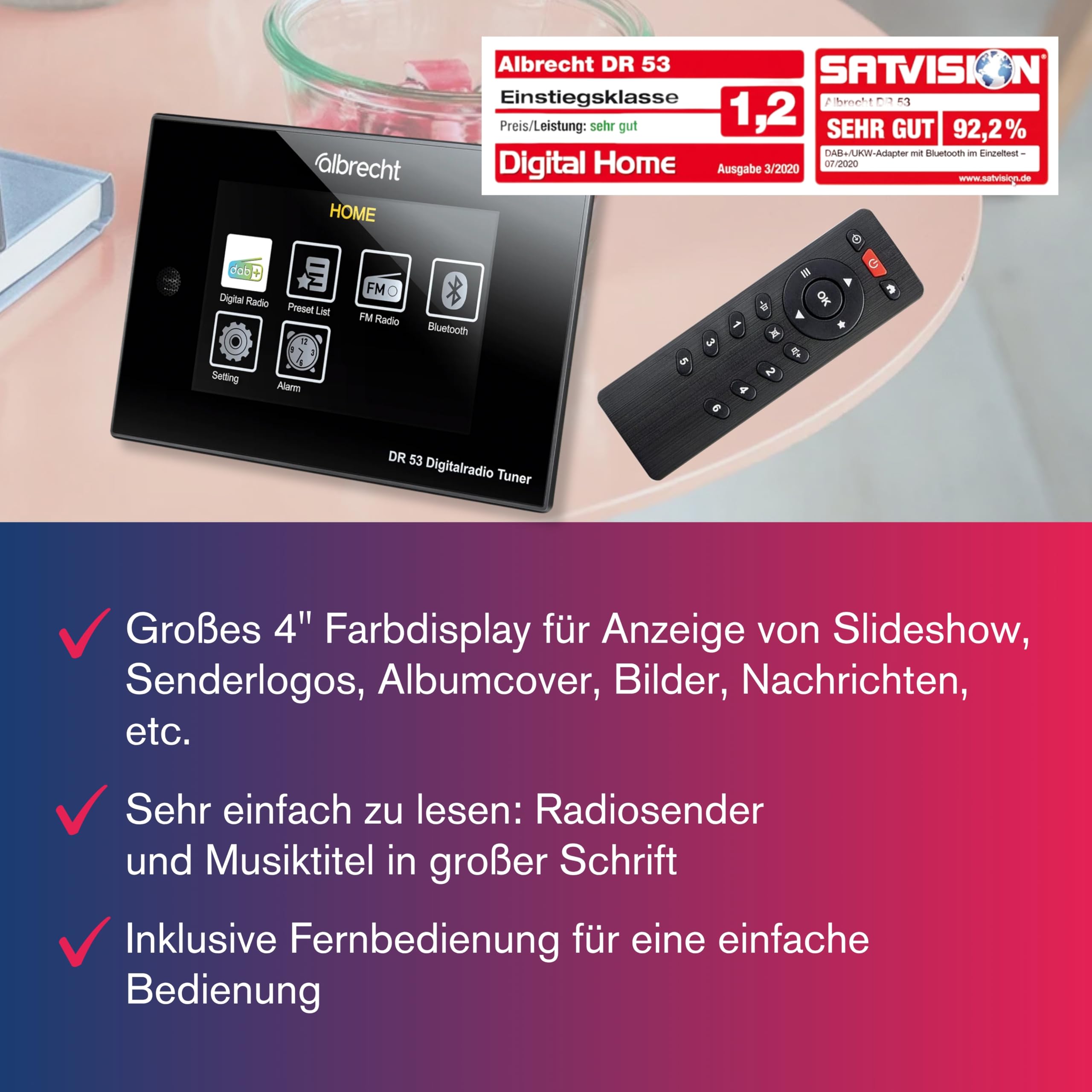 Albrecht DR53, Dab+/FM sintonizador de Radio Digital, 27251, con Pantalla a Color de 4 Pulgadas para conectar al Sistema estéreo, Incluye Mando a Distancia