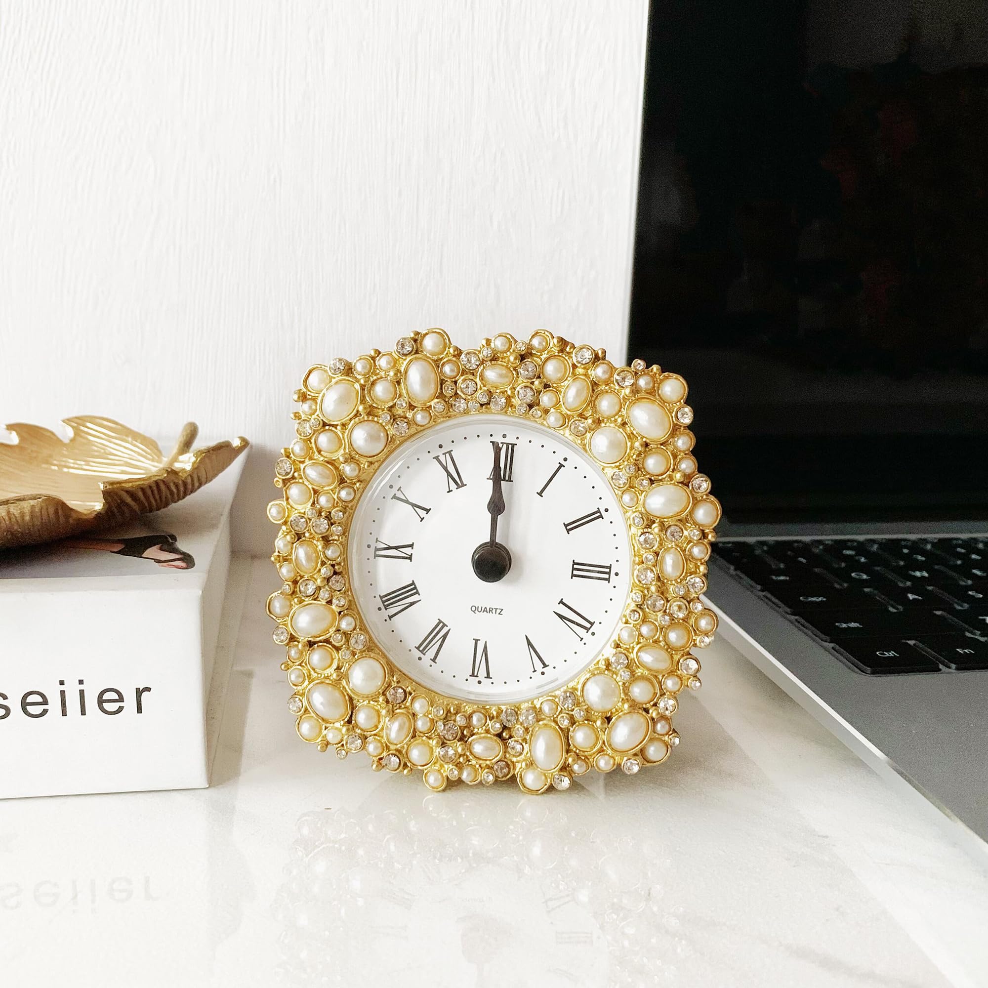 Pasiir Vintage Mini Crown Table Clock - Silent Non-Ticking Analog Desk Clock | Hand-Painted Metal | 4.5x3.15 Inches