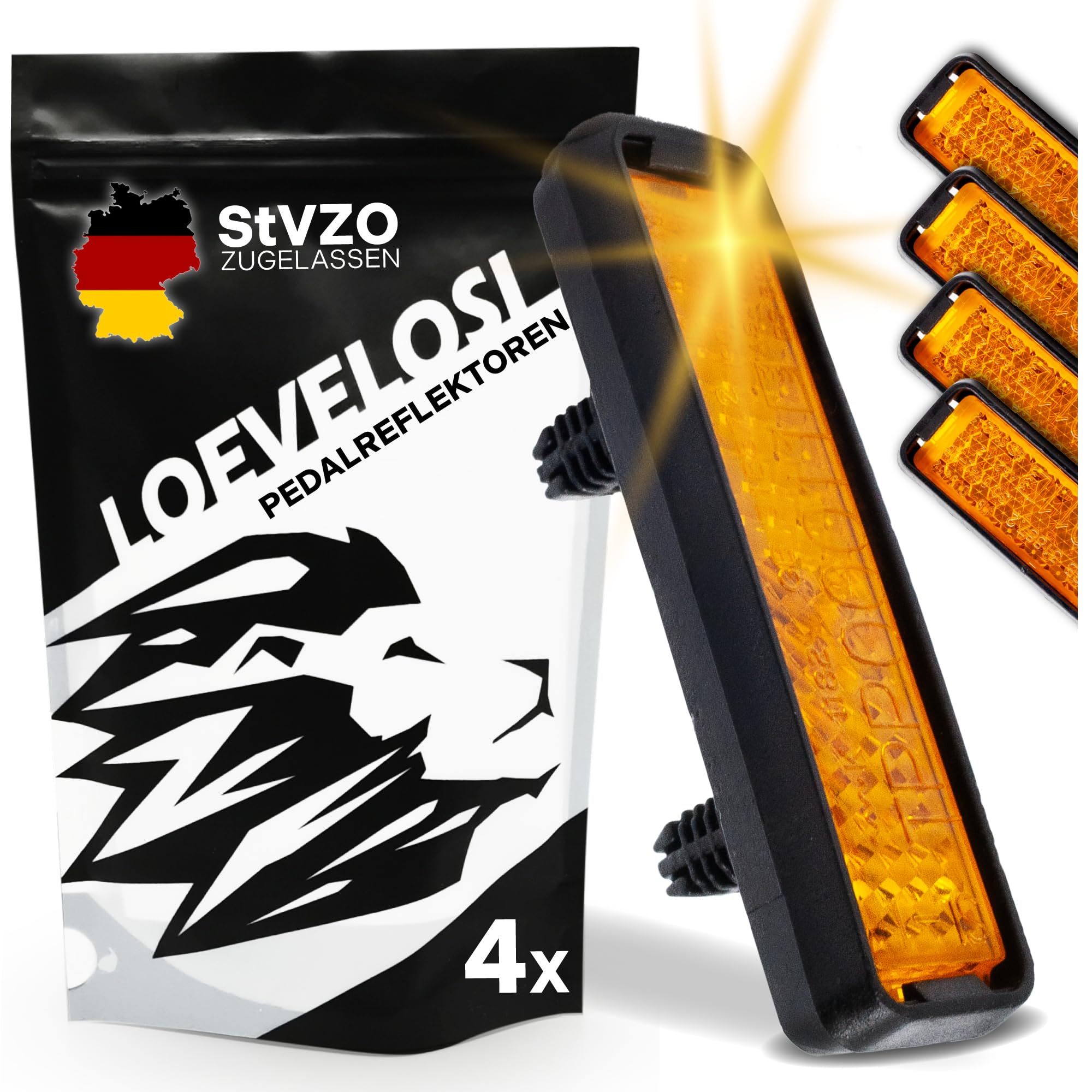 LOEVELOSI 4X Orange Pedalreflektoren Set StVZO-zugelassen Einfache Montage Robuster Kunststoff Für Standard Fahrrad-Pedale Rückstrahler Fahrrad- Reflektoren & Leuchtclipse zum Nachrüsten Sport & Freizeit