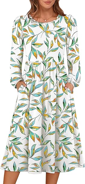 ANRABESS Women Long Sleeve Midi Dress Crewneck 2025 Fall Fashion Casual Flowy A-Line Long Dresses Vacation Outfit with Pocket