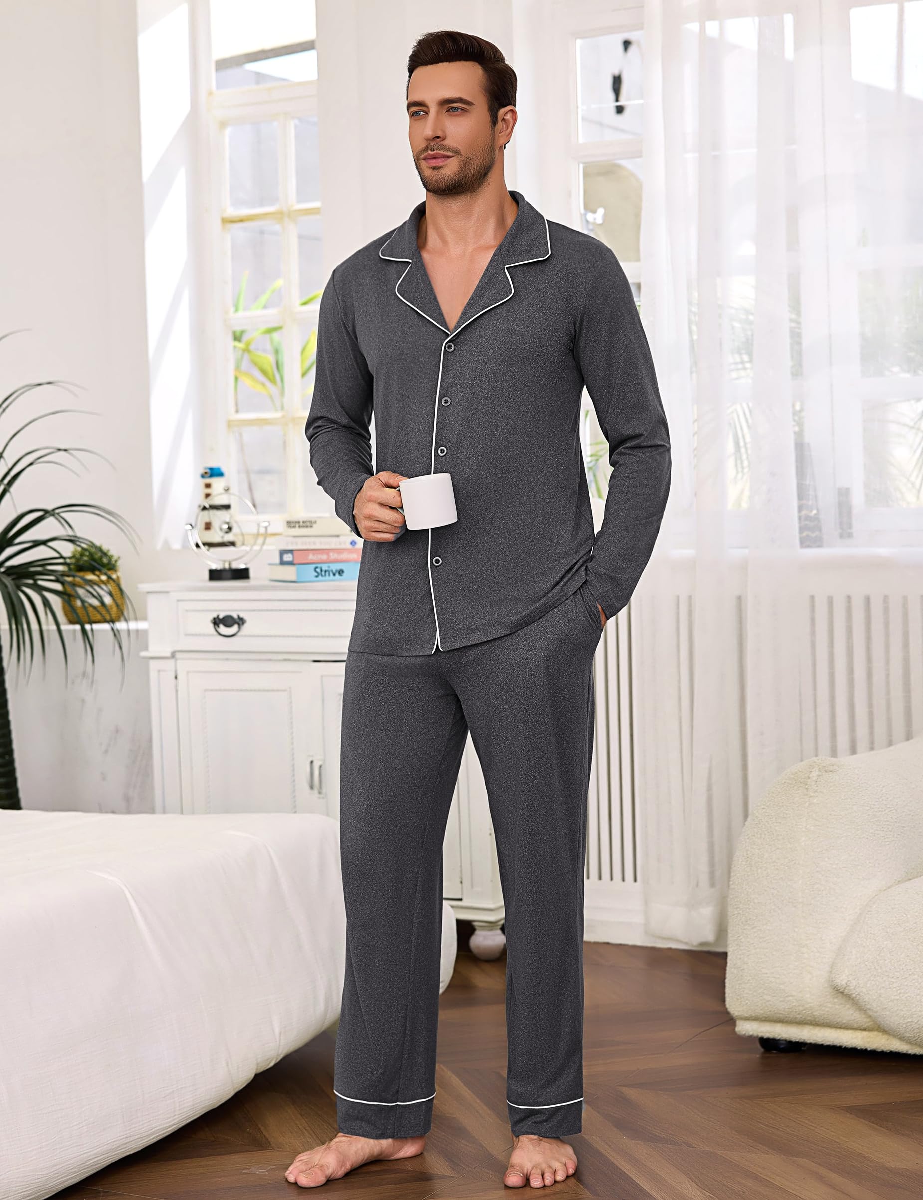 Bresdk Pigiama Uomo Cotone Lungo Invernale Manica Lunga con Bottoni Pigiami Due Pezzi Classico Aperto Davanti Caldo e Morbido