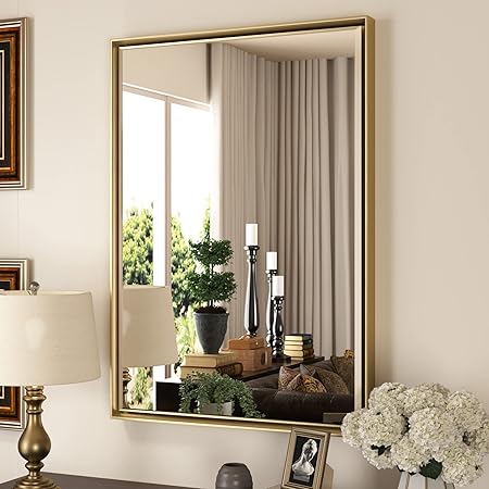 Acovy Bathroom Mirror 22x30 Inch, Rustproof Aluminum Metal Framed Mirror For Wall, Matte Gold Bathroom Vanity Mirror, Shatterppoof Mirror, Living Room, Hanging Or Leaning Horizontal Or Vertical