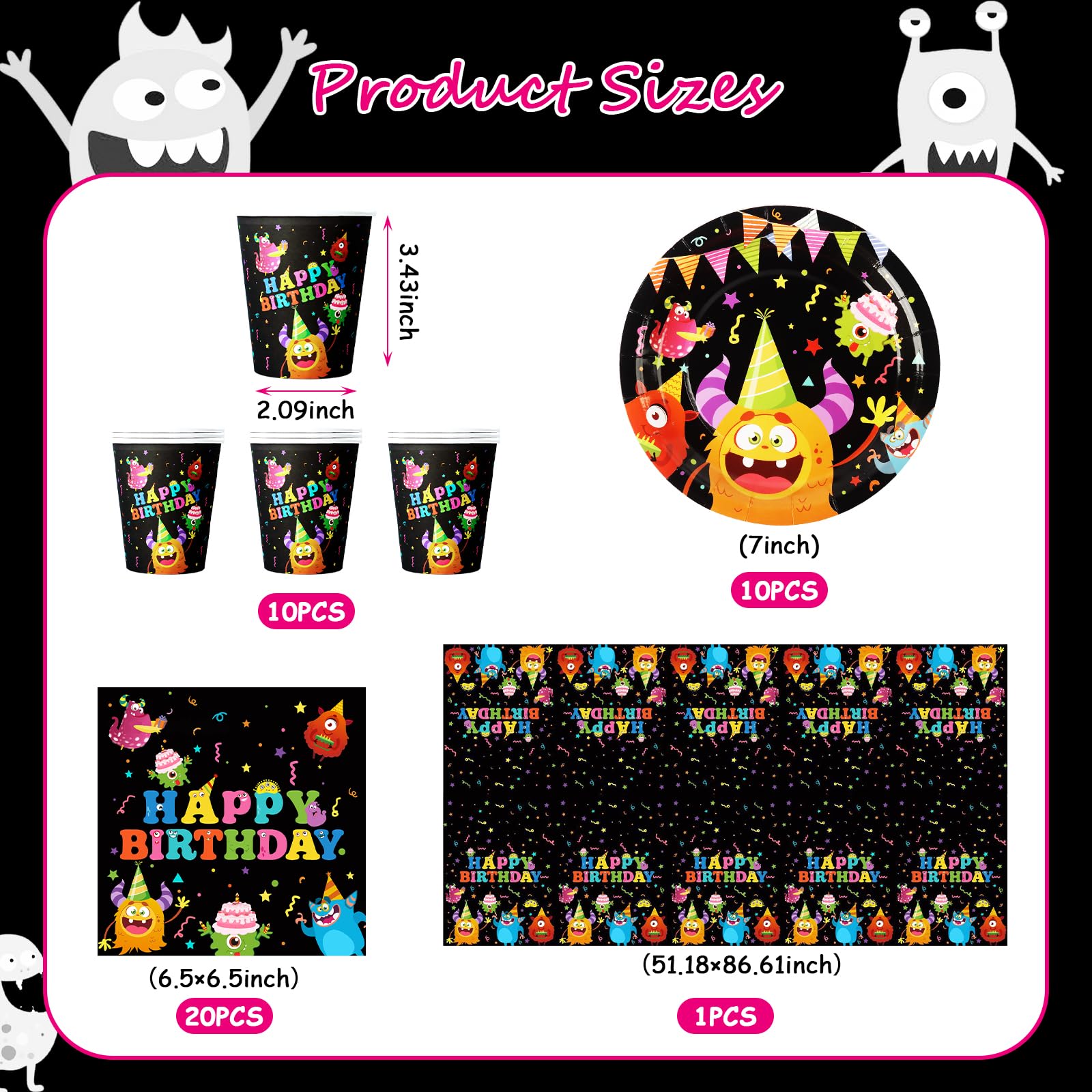 Vaisselle Anniversaire Enfants Motif Monstres - Assiettes Tasses Nappes Serviettes Pour Fête