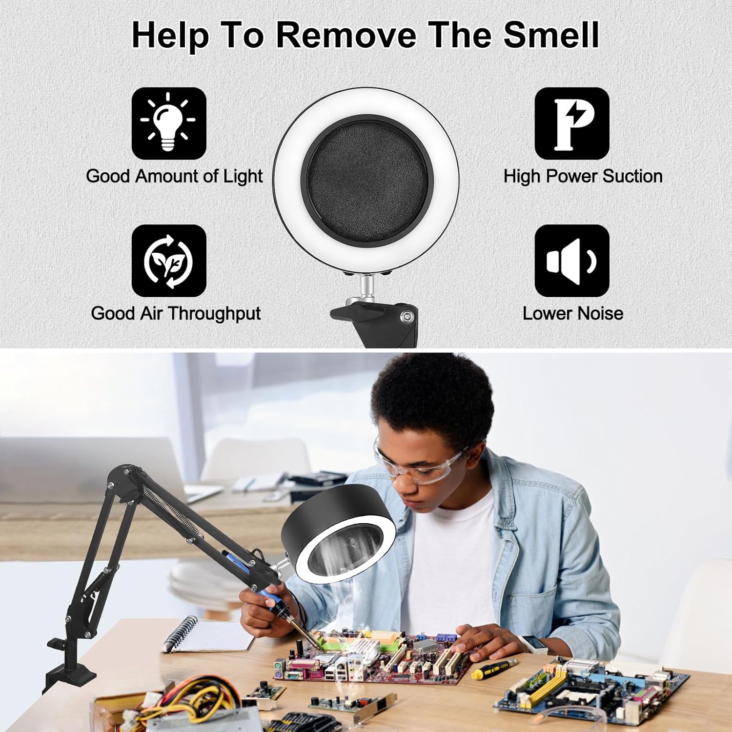 Solder Smoke Absorber Desk Lamps Fume Extractor Fan 7pcs Filter Include, 3 Color Modes and 10 Brightness Levels Workbench Light for Soldering, Repair, Reading, Welding or ESD DIY Work Desoldering