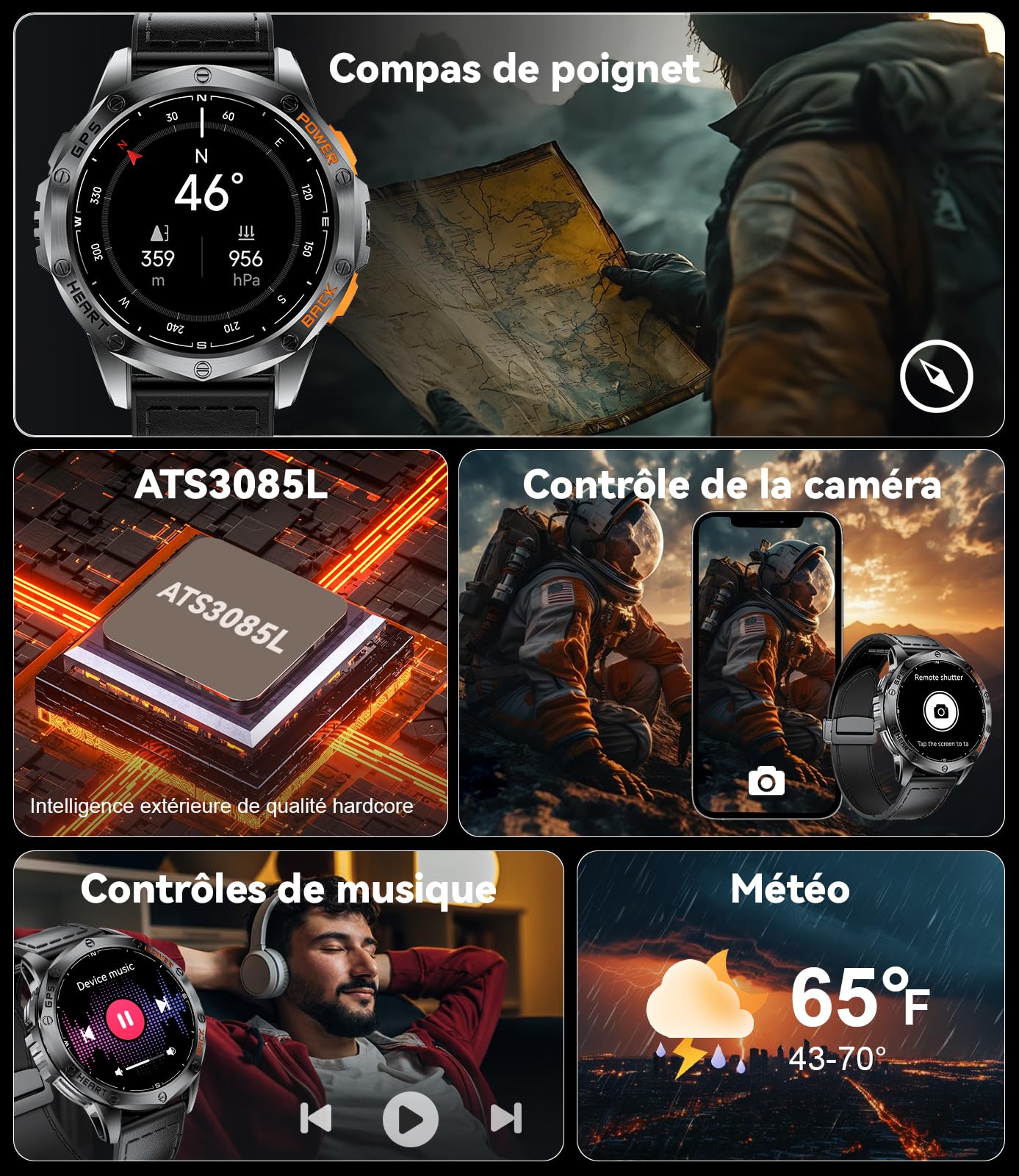ESFOE Smartwatch Uomo GPS Militare Impermeabile 10ATM con Torcia LED 1,43" AMOLED Display Rugged Smartwatch Orologio con Chiamate Bluetooth, Altitudine, Pressione, Bussola, 530mAh per Android iOS