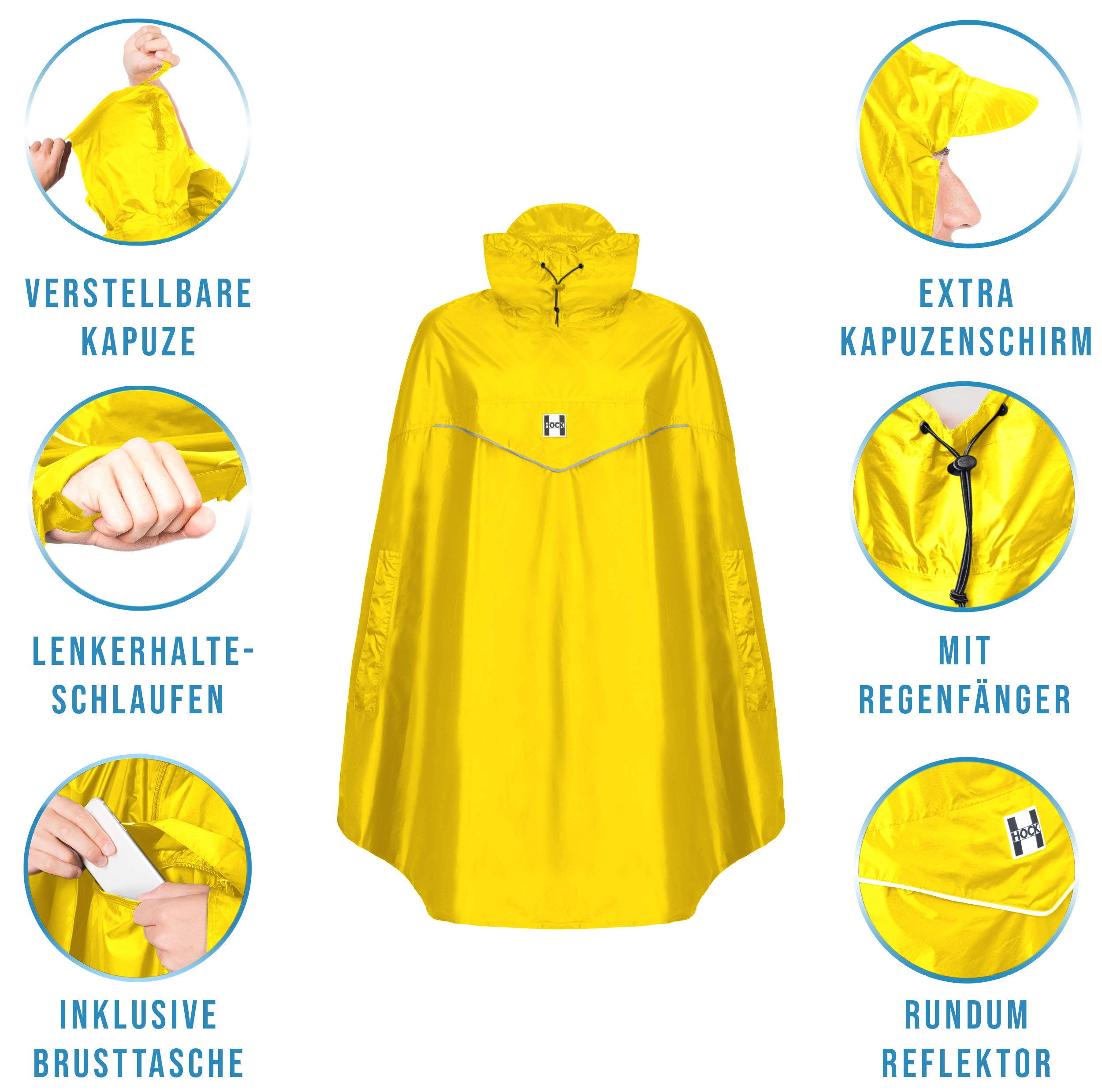 HOCK Fahrrad Regenponcho 'Rain Light' mit Kapuze und seitlicher Armöffnung - Extra Leichtes Regencape für Damen & Herren - 100,0% Wasserdichter Fahrradponcho inkl. Sturmband