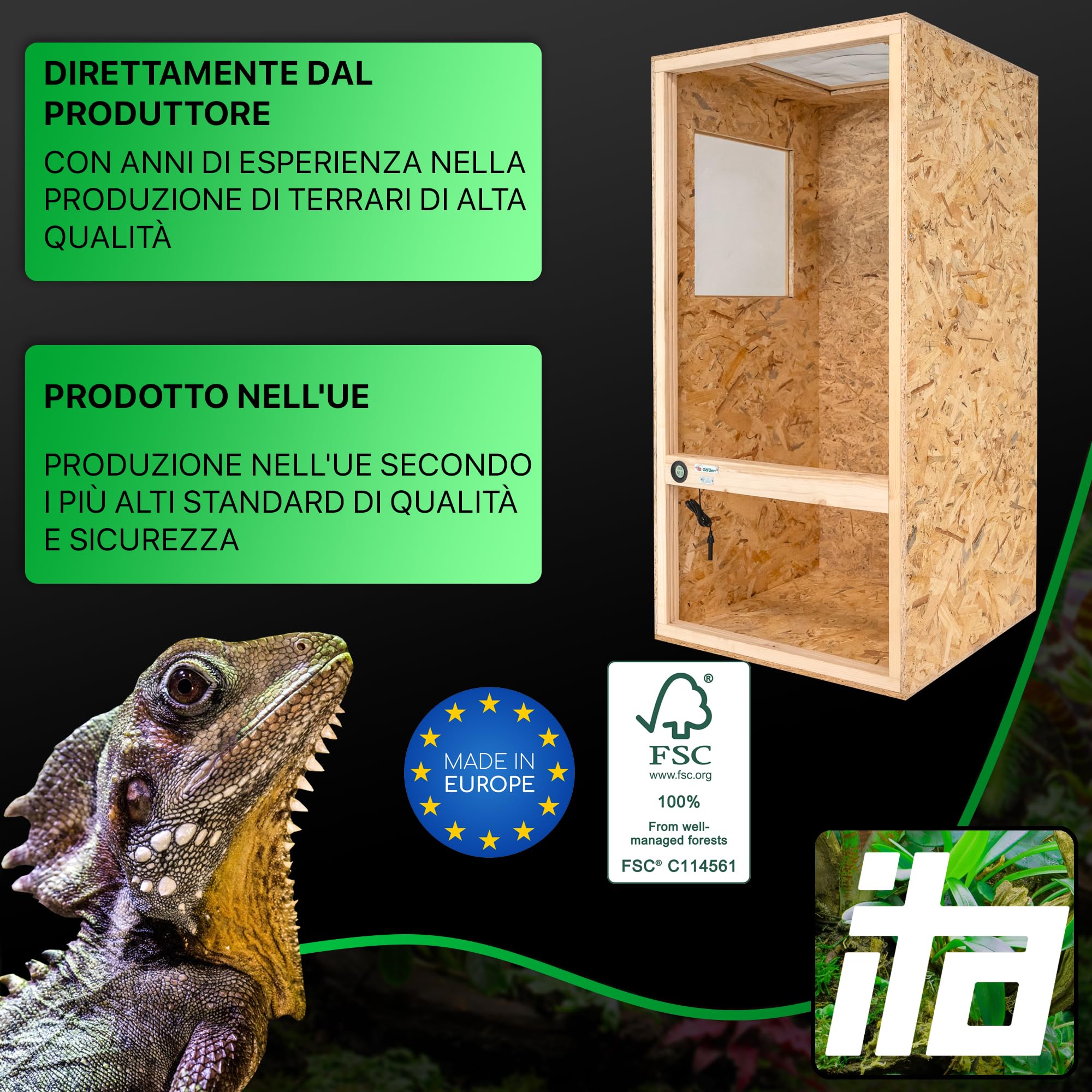 ITA Terrario camaleonte, 120 x 60 x 60 cm, con ventilazione superficiale e igrometro integrato, terrario in legno in pannelli OSB-3, terrari per camaleonti e altre specie animali, prodotto UE