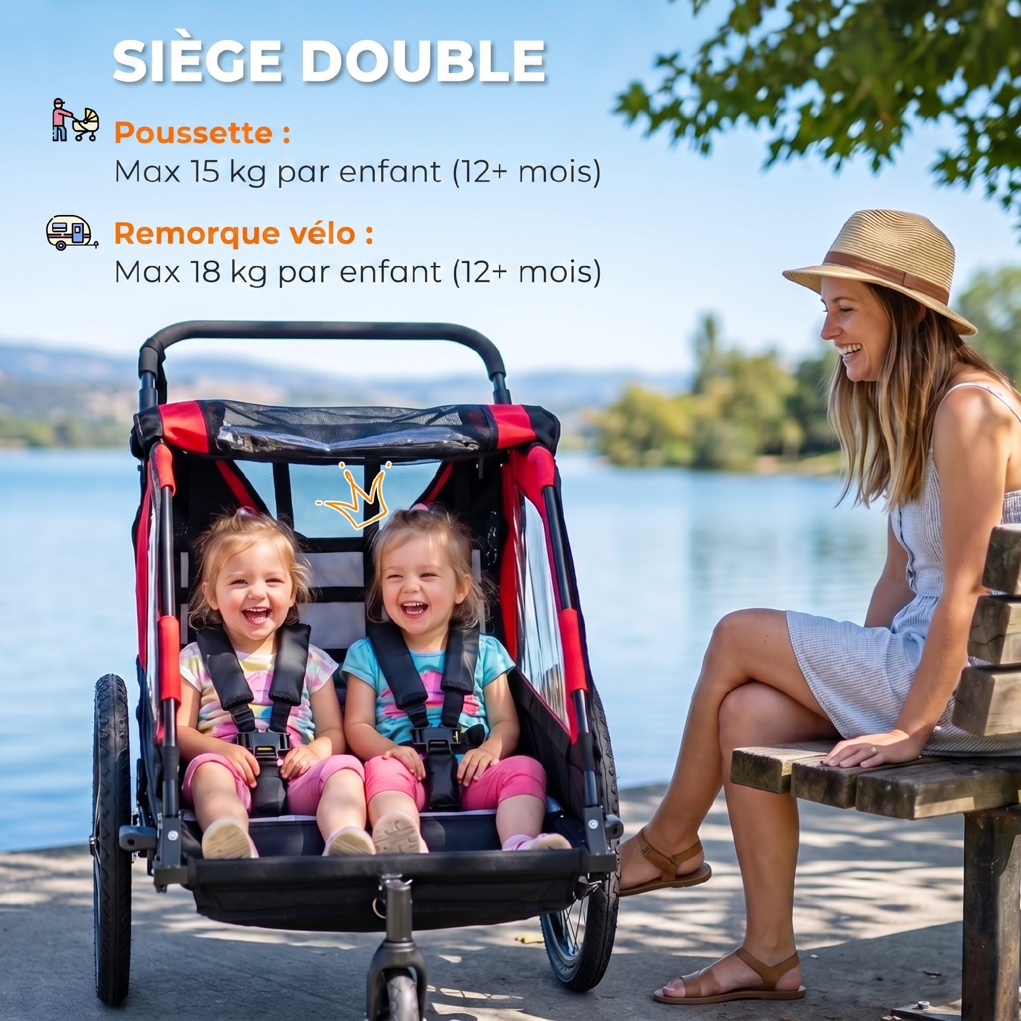 AIYAPLAY Remorque vélo Enfant 2 Places 2 en 1, Poussette vélo bébé avec Guidon réglable, Frein à Main, Ceinture de sécurité 5 Points, Fanion de sécurité, attelage Universel, jusqu'à 38 kg, Rouge