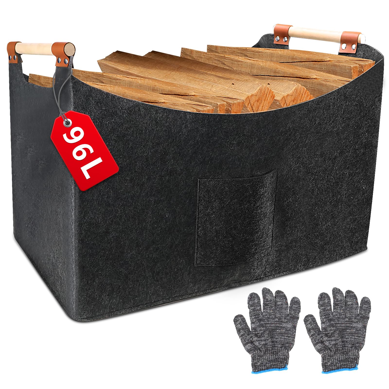 Panier en bois de cheminée XXL en feutre (96 l, 60 x 40 x 40 cm), panier pliable avec poignée en bois