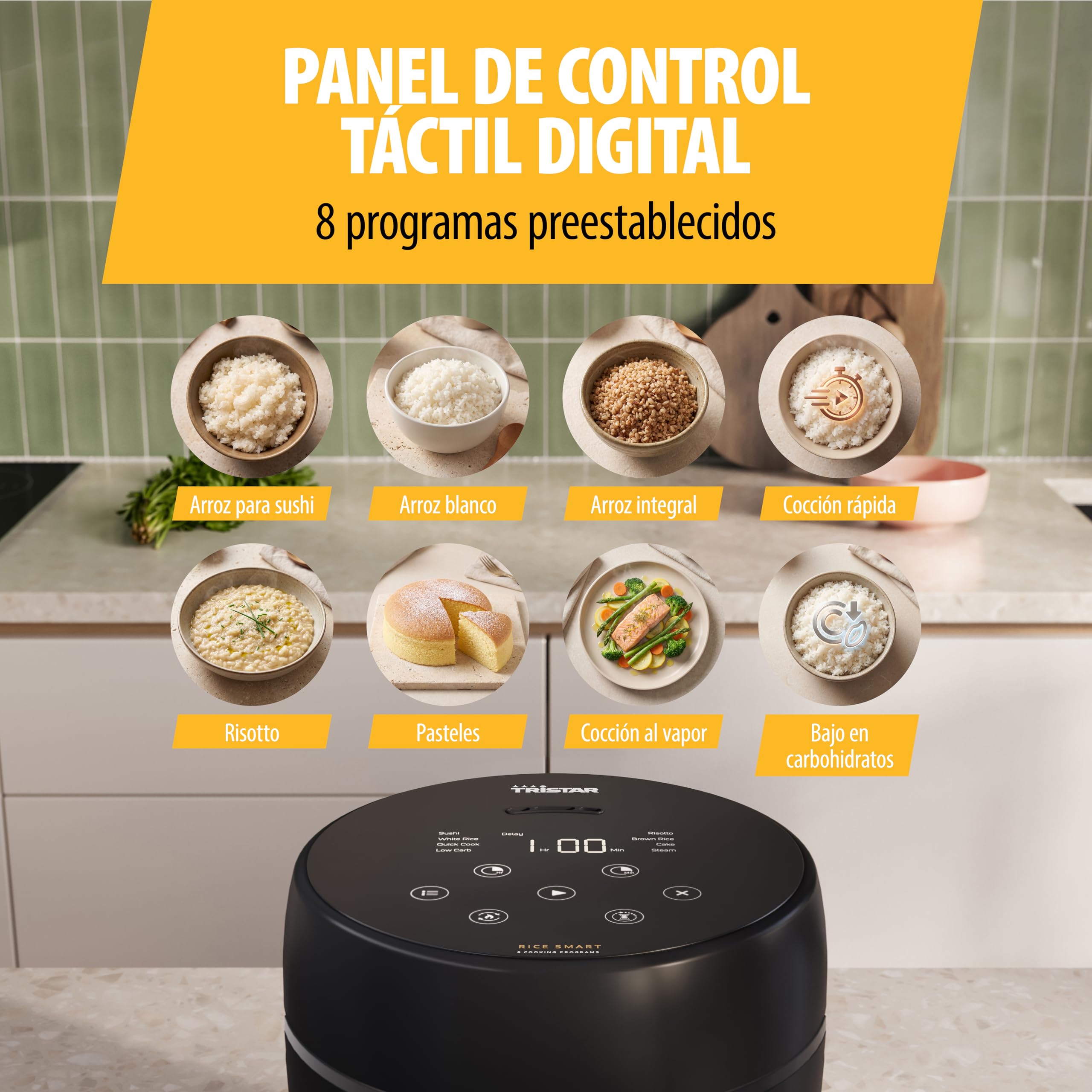 Tristar Arrocera Digital con Función Low Carb, 8 Programas Automáticos, Capacidad de 0,6 L de Arroz, Panel Digital, Fácil de Limpiar, RK-6238