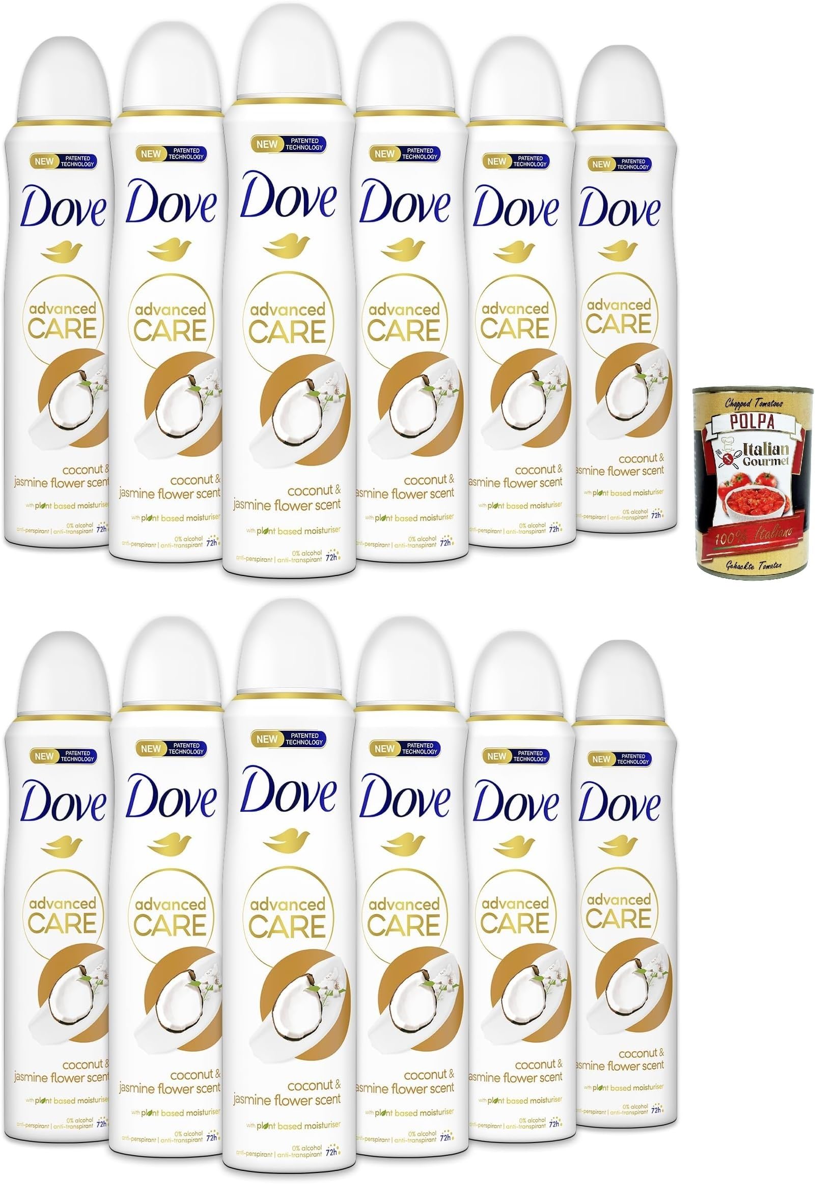 Dove Advanced Care Go Fresh - Desodorante en espray de flores de coco y jazmín, con fórmula hidratante y sensible, sin alcohol, 72 horas, 12 x 150 ml + Polpa italiana Gourmet 400 g