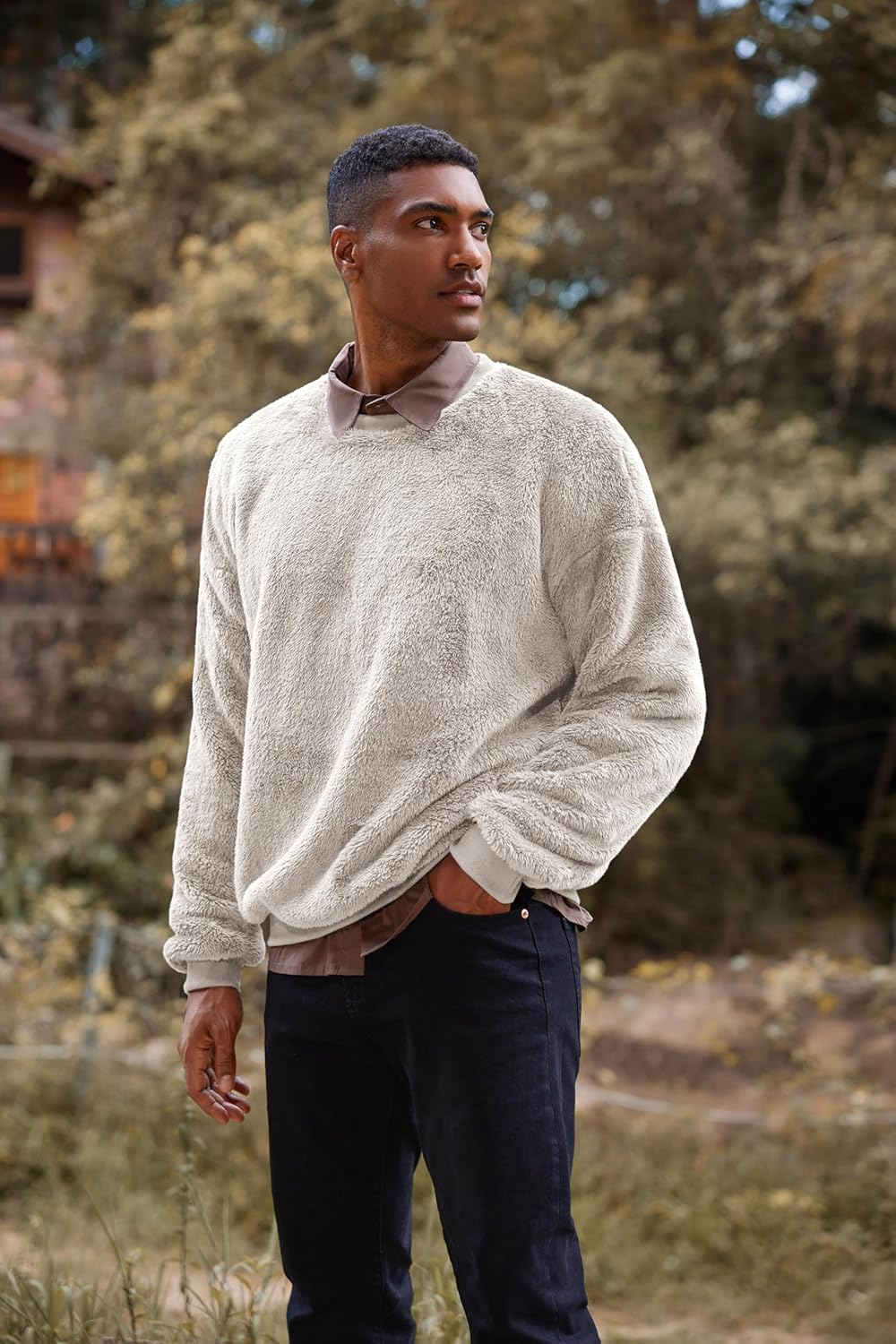 Pengfei Mens Fuzzy Sherpa Pullover Sweatshirts Long Sleeve Fleece Fluffy Crew Neck Fall Winter Warm Outwears White - Image 2