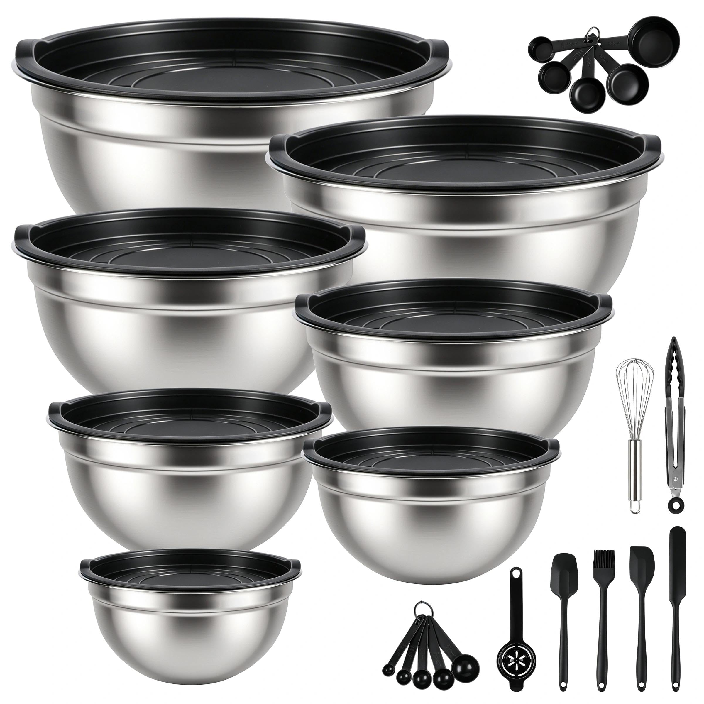 MKDTKY 7-Piece Stainless Steel Mixing Bowl Set with Lids and 17 Utensils