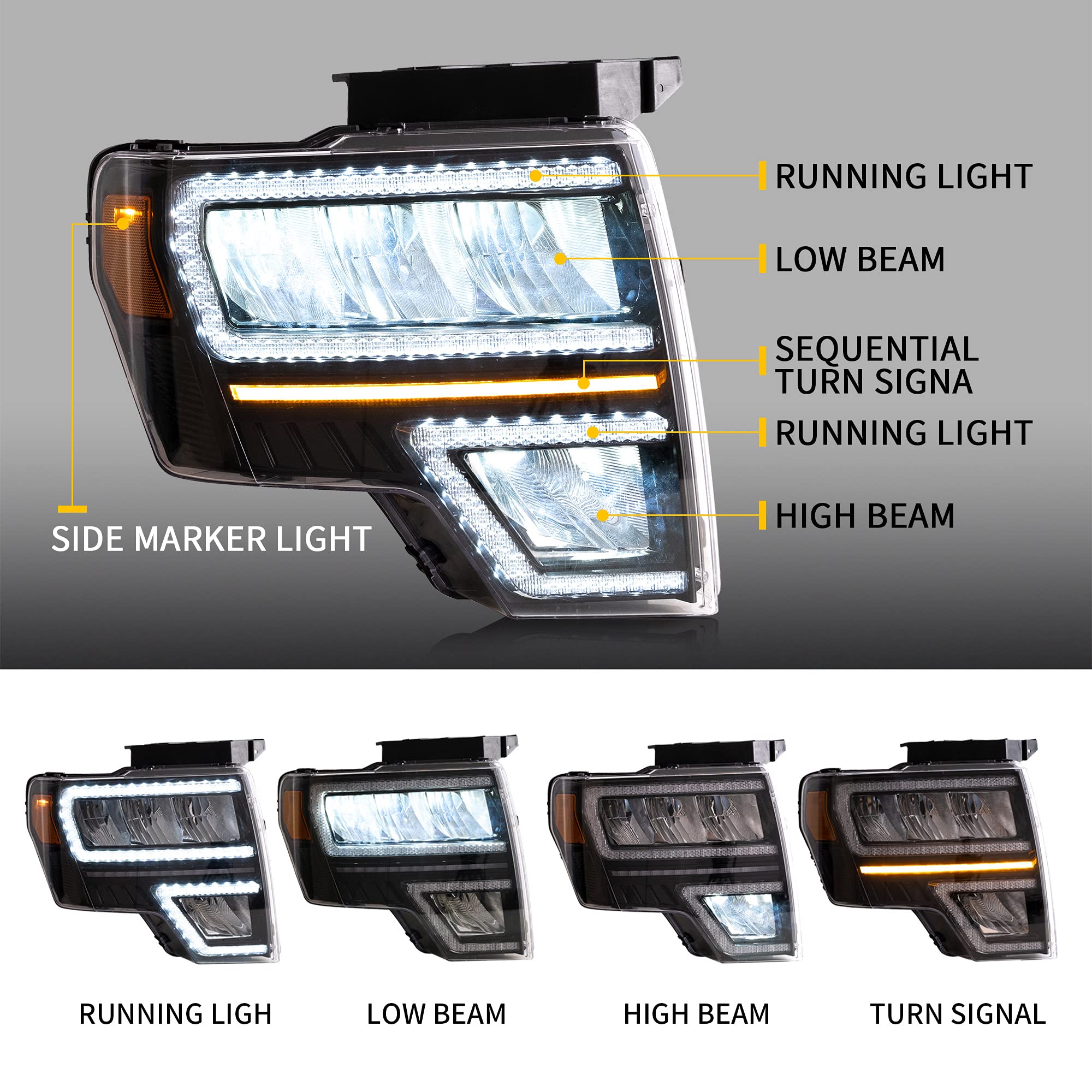 VLAND Reflektory LED z miską odblaskową dla Fo-rd F150 2009-2014 (nie dla F250 F350), przednie lampy z powitaniem / oddychaniem dynamicznym DRL i sekwencyjnym kierunkowskazem