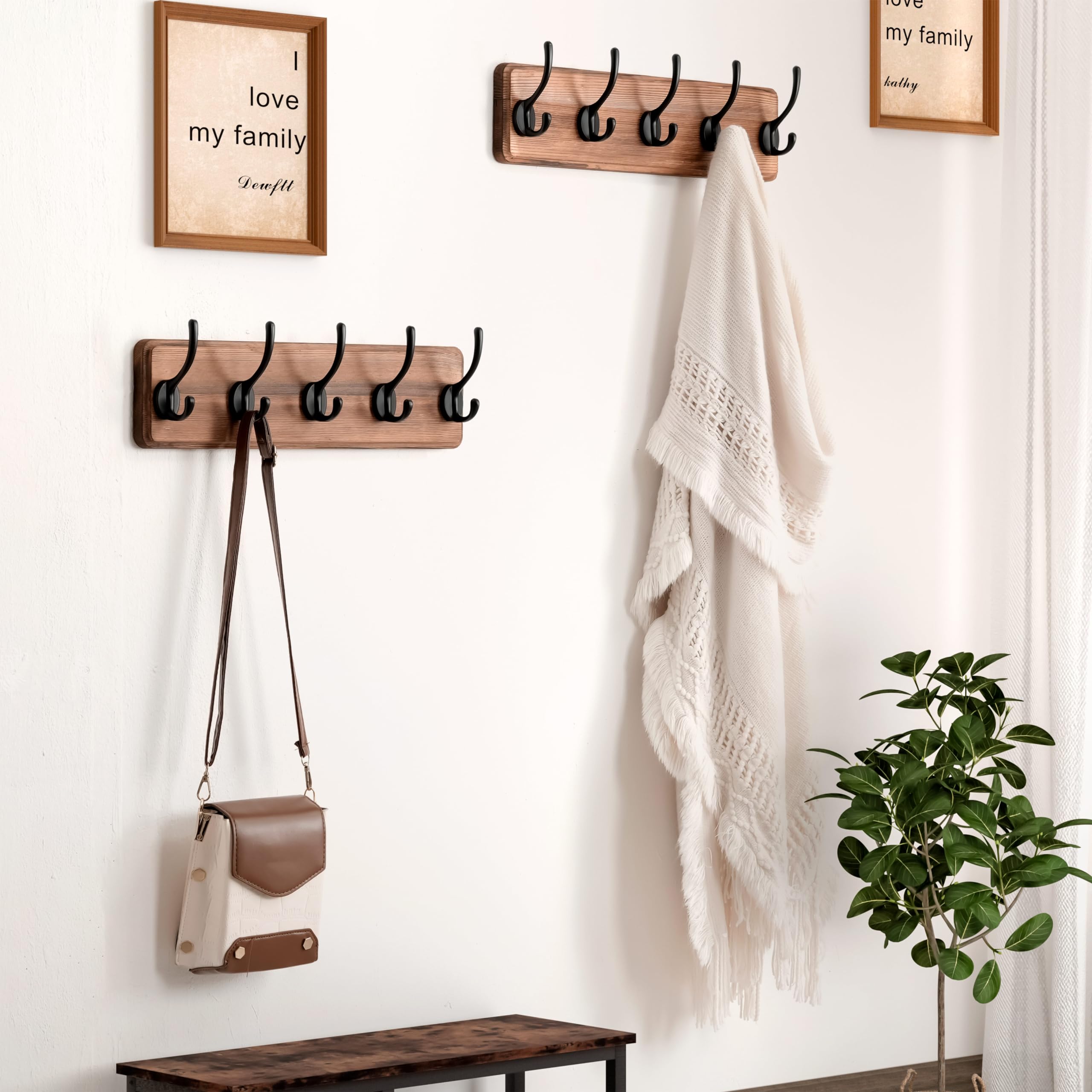 Dseap Coat Rack Wall: Patented, Heavy-Duty, 5-Double-Hooks Wooden Wall Mounted Coat Rack Coat Hanger Hook Rail for Winter Coats Hat Jacket Clothing, Natural & Black - Image 2