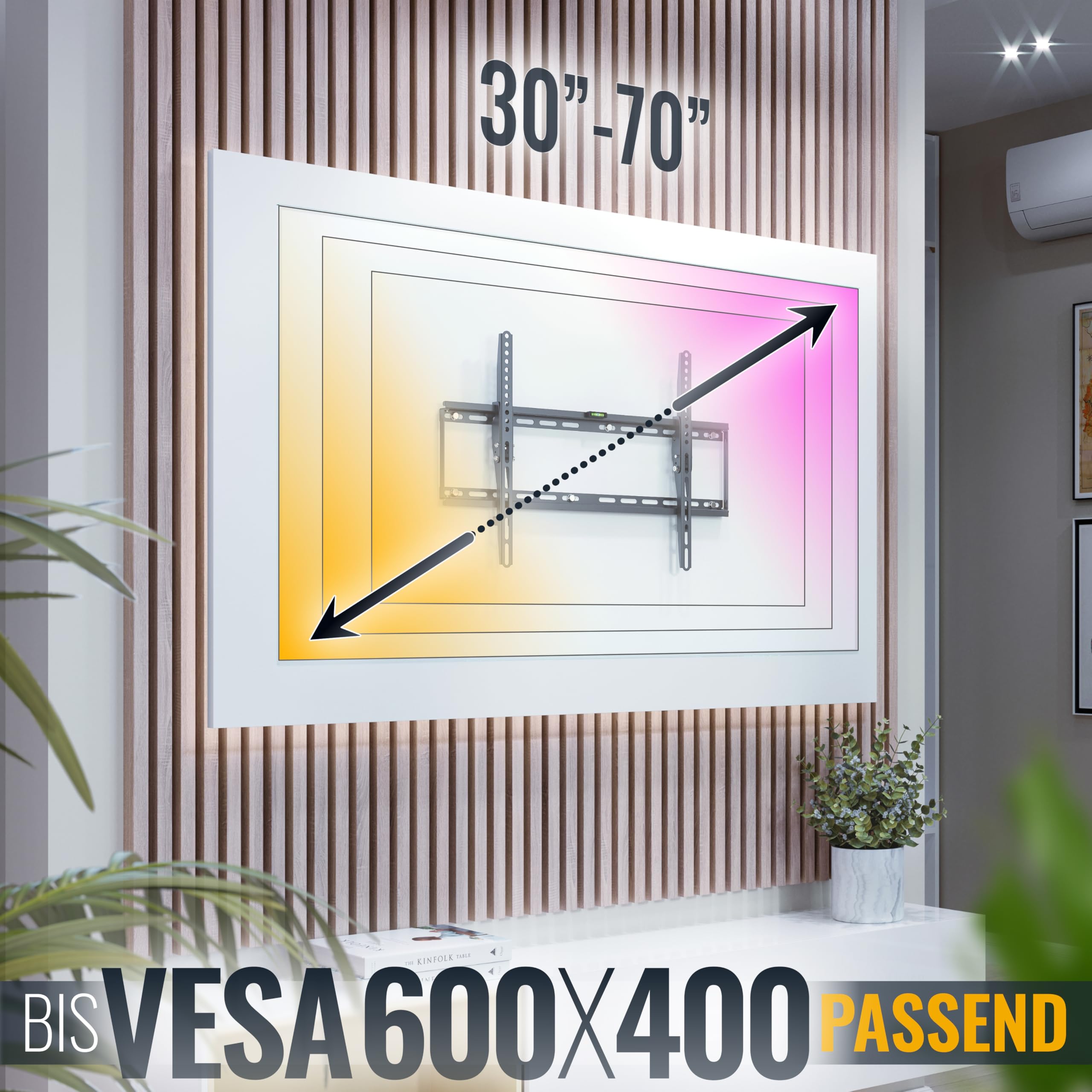 RICOO Supporto da parete per TV o Monitor Montaggio N1964 Staffa televisore piatto inclinabile girevole Smart 4K Curvo 3D QLED OLED LED LCD televisori braccio television max VESA 600x400 universale