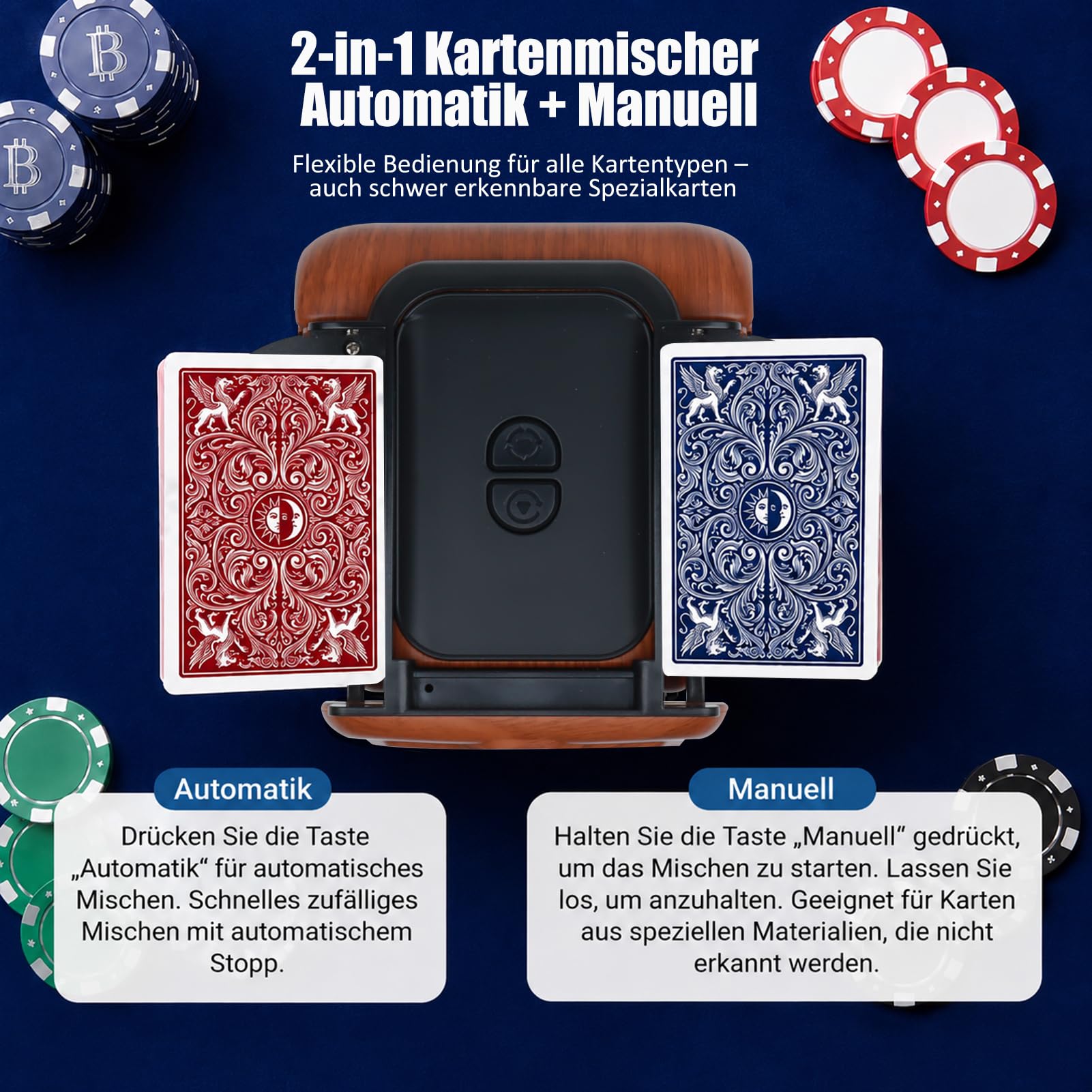 Miscelatore elettrico per 1-4 mazzi, mixer per carte ricaricabile tramite USB, batteria da 2600 mAh, modalità automatica e manuale, dispositivo di miscelazione per carte da poker, UNO, Skip BO