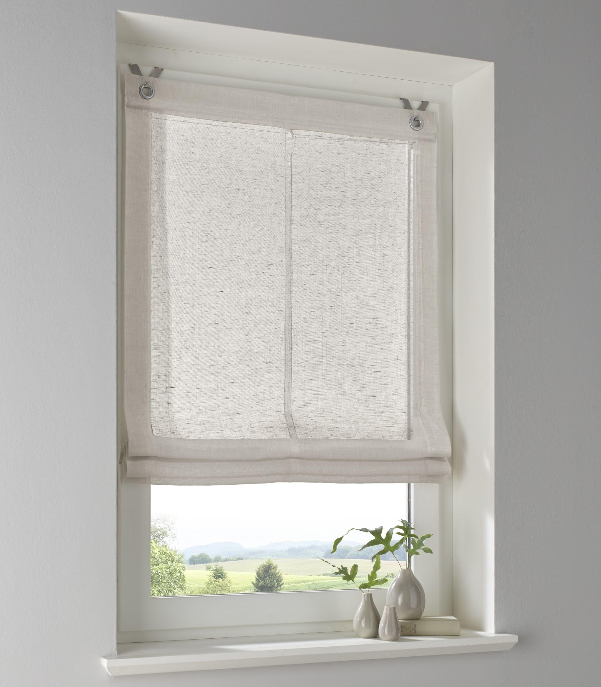 Raffrollo mit Ösen Brondy Taupe Natur halbtransparent Leinenoptik Raffgardine mit Hakenaufhängung ohne Bohren Breite 80 cm x Höhe 140 cm