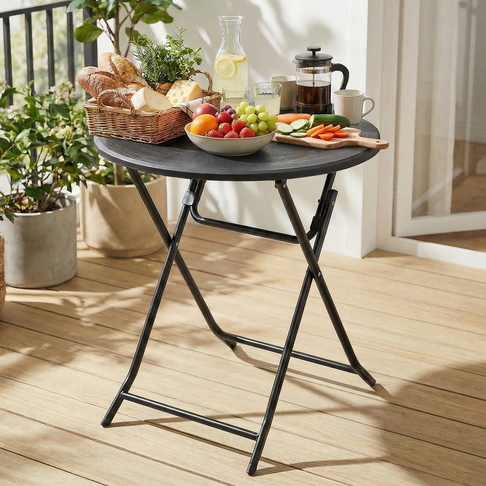 LIFERUN Gartentisch Rund Holz-Optik, Klapptisch, Beistelltisch HxD: 72x60 cm, Balkontisch mit 4PCS Tischbeine, Campingtisch Wetterfest, Pflegeleicht, Hohe Stabilität, für Balkon, Garten & Terrasse