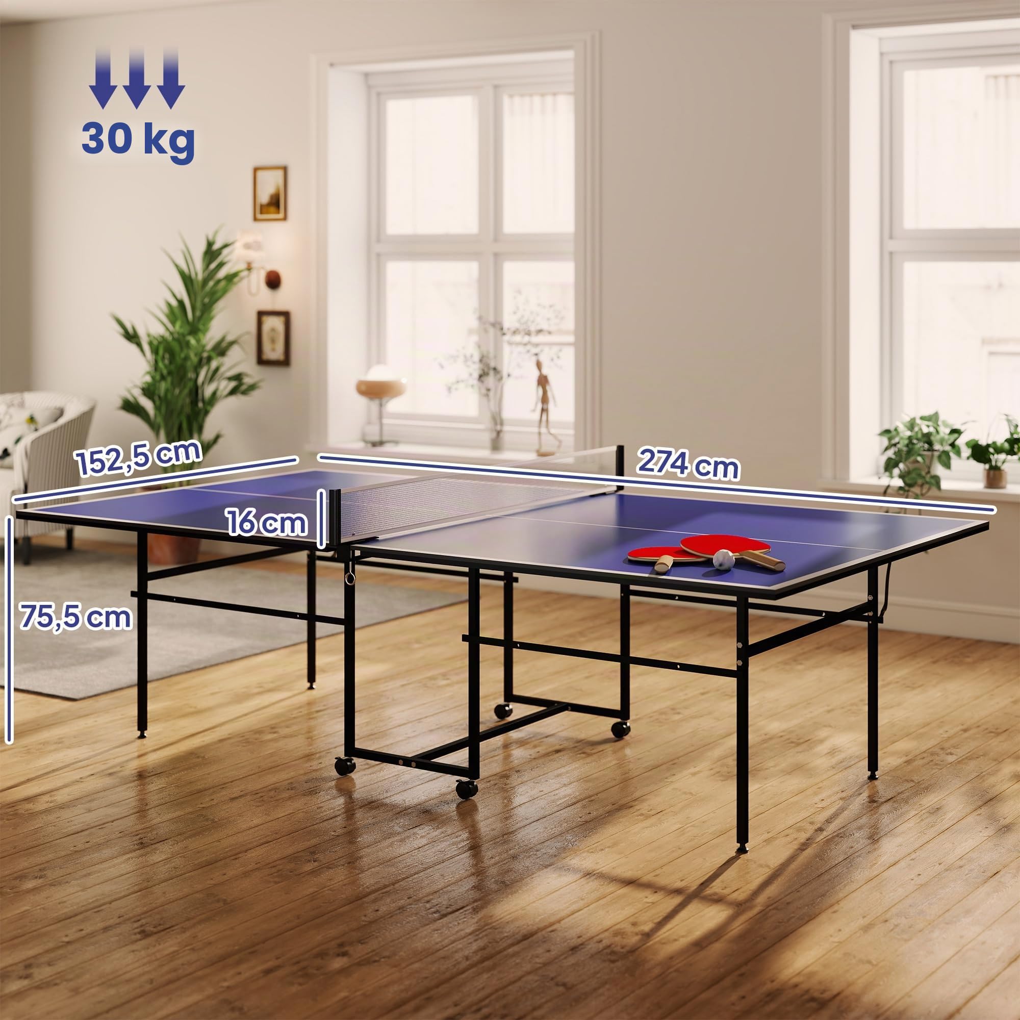 SPORTNOW Tischtennistisch mit Rollen, Klappbar Tischtennisspiel-Set, Tischtennisplatte mit 2 Tischtennisschlägern, 3 Bällen, StahlIndoor, 274 x 152,5 x 75,5 cm, Blau